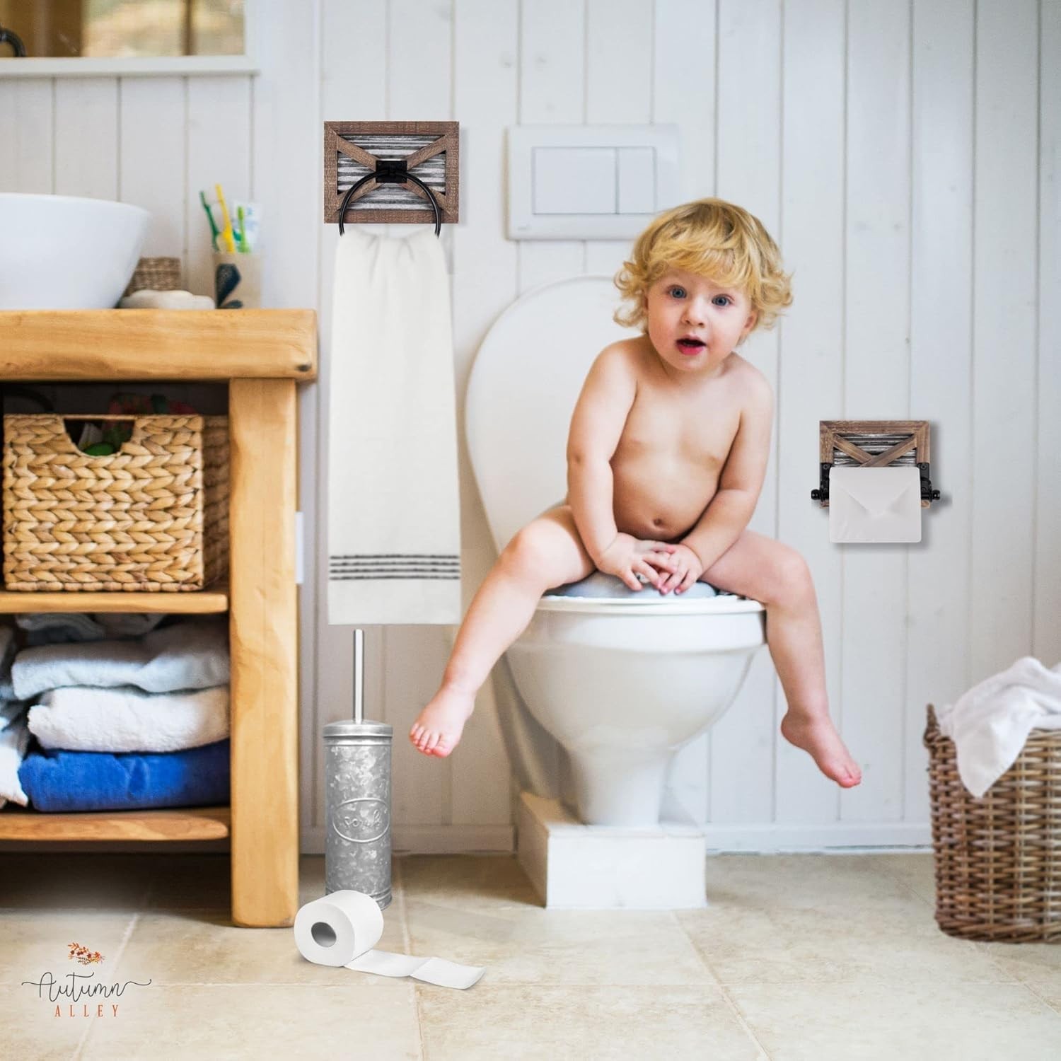 Autumn Alley Farmhouse Toilet Paper Holder and Rustic Towel Holder Set