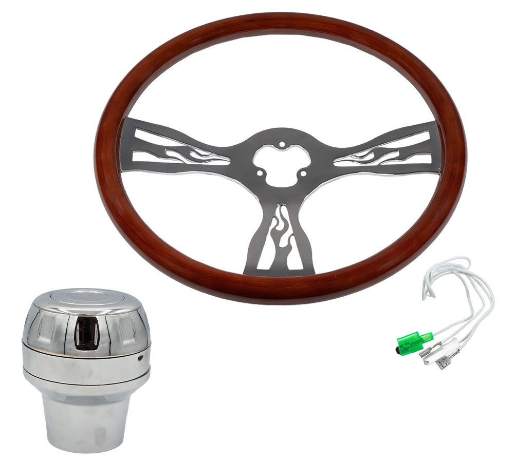 18"Wood 3-Spoke Fire Pattern Steering Wheel Kit w/Adapter Hub for Freightliner
