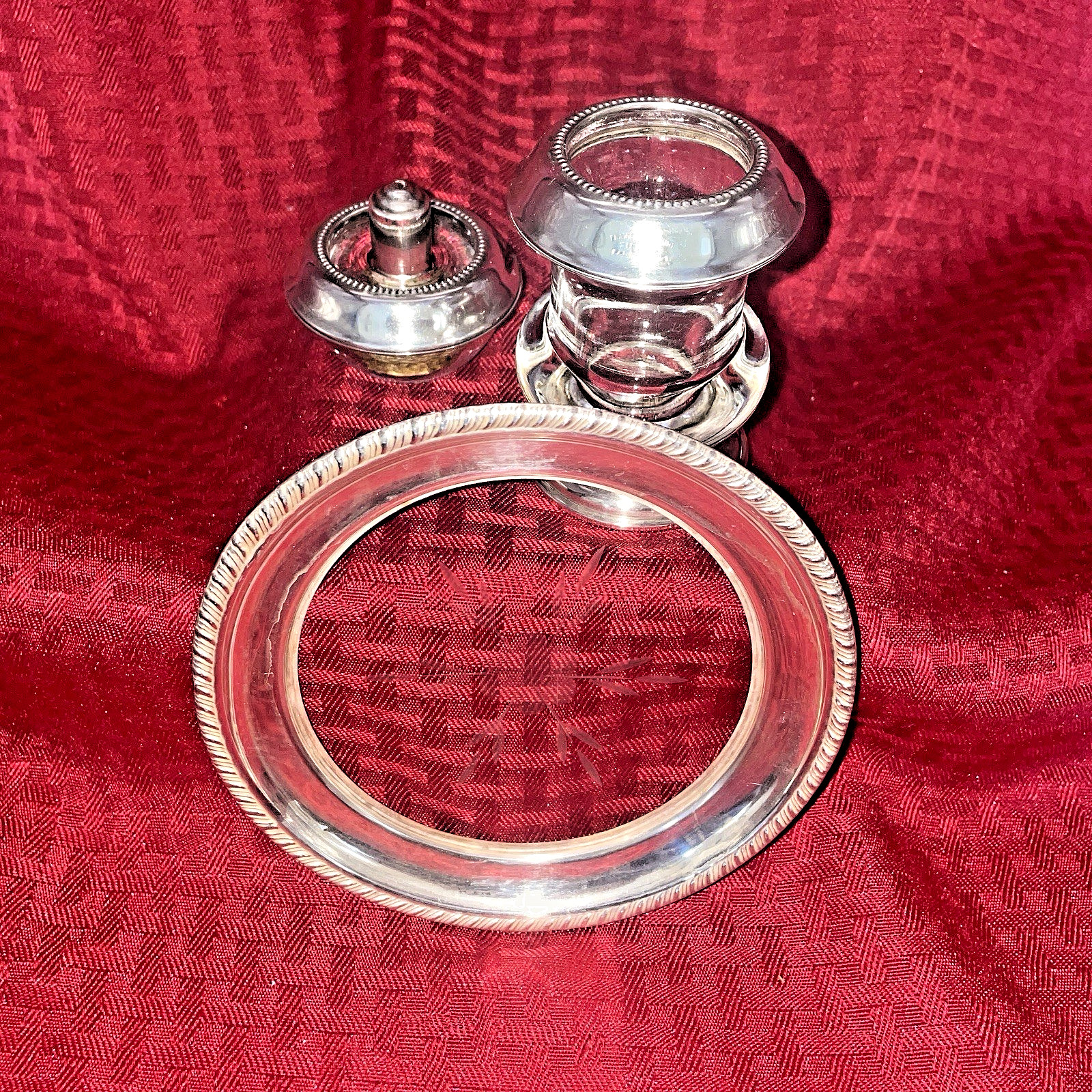 ANTIQUE STERLING HYGLO LIGHTER, CIGARETTE HOLDER, AND TRAY BY FRANK M. WHITING