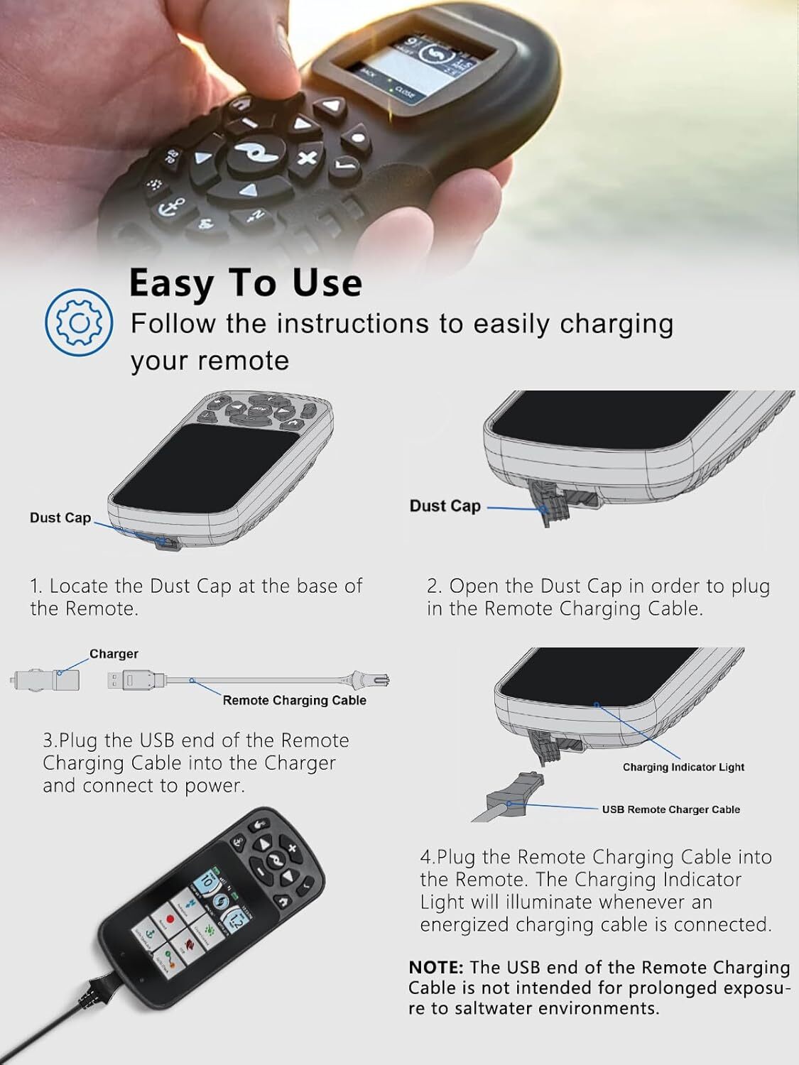 for Minn Kota i-Pilot Link Remote Control USB Charger Charging Cable 1866460