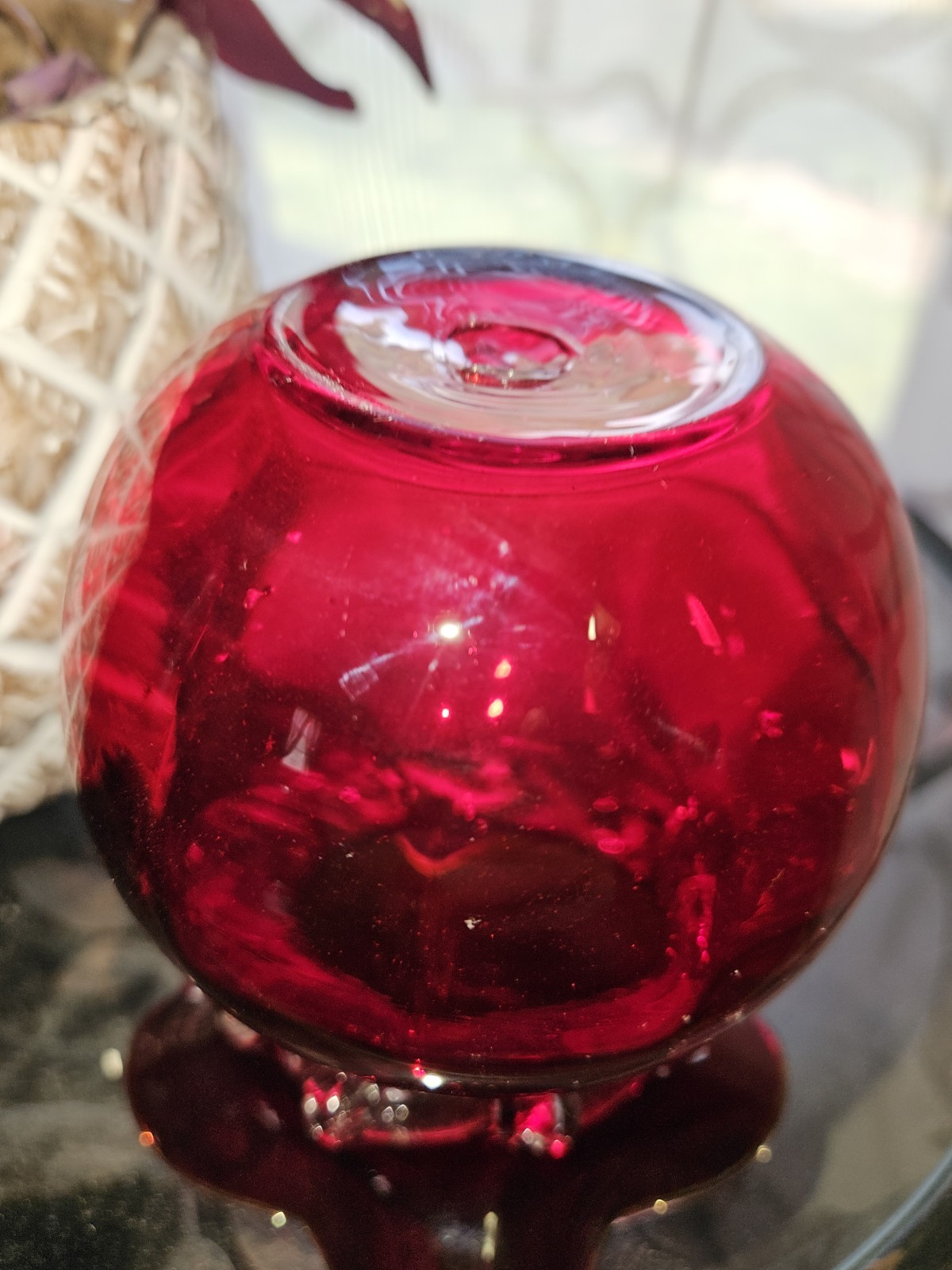 Vintage Viking Ruby Red Glass Vase Ruffle Rim With Clear Band Design - Beautiful