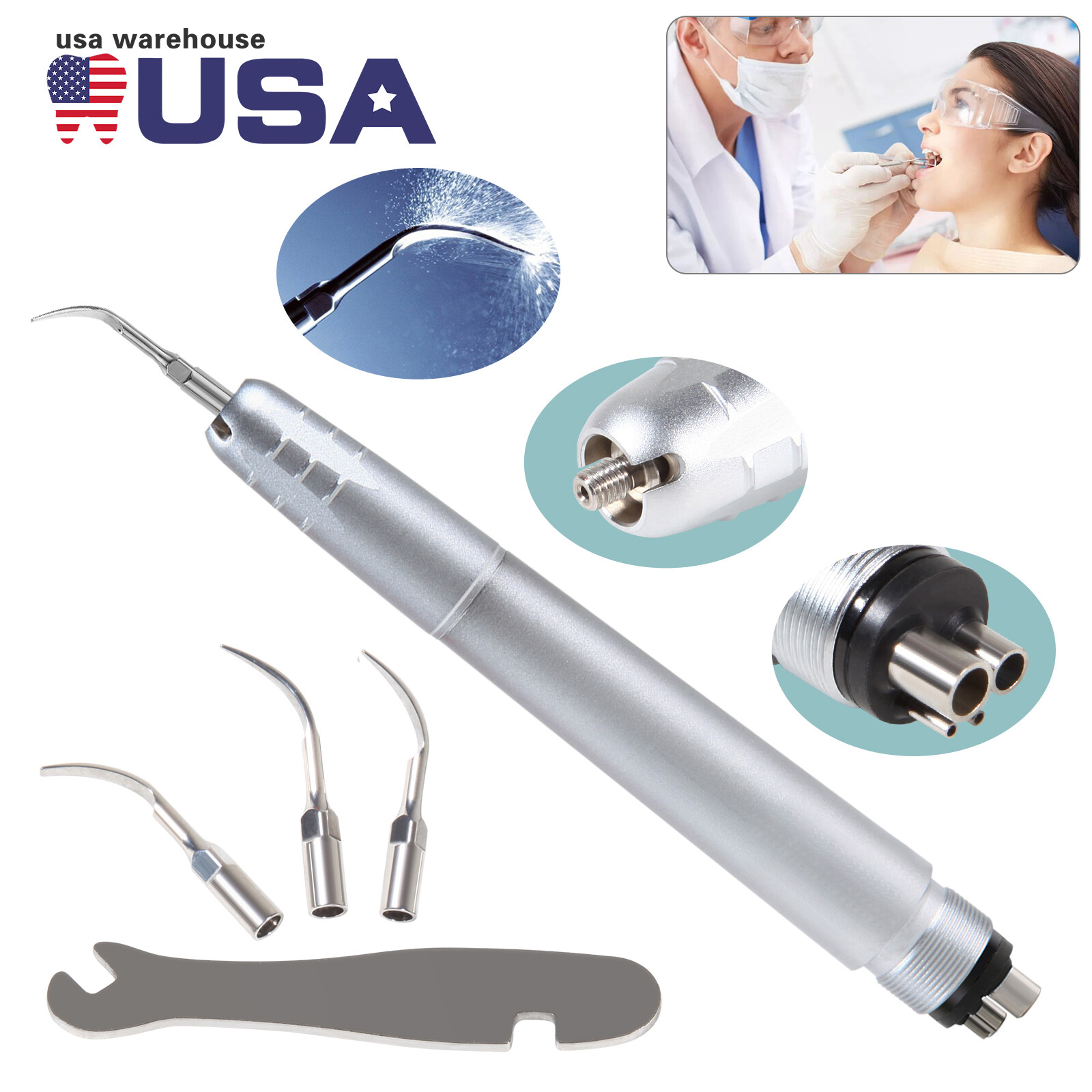 Dental Piezo Ultrasonic Air Scaler Handpiece Hygienist 4Holes With 3 Tips/ 10 G3
