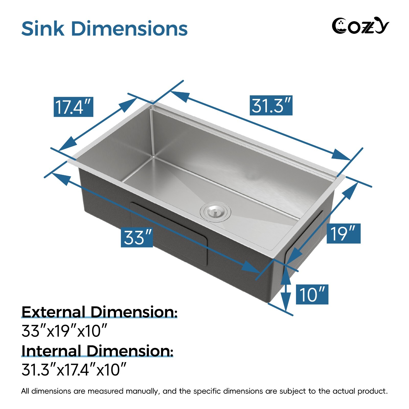 Cozy undermount stainless steel Brush sink 33x19x8 inch with accessory