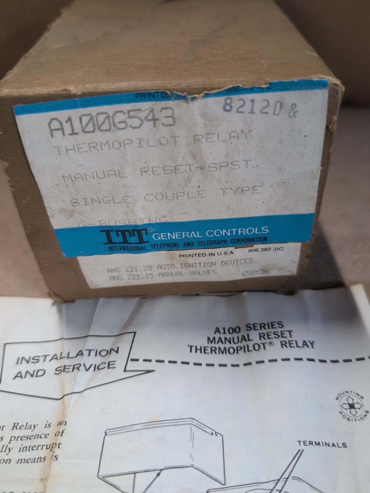 ITT General Controls, Thermopilot Relay, Manual Reset, SPST, A100G543