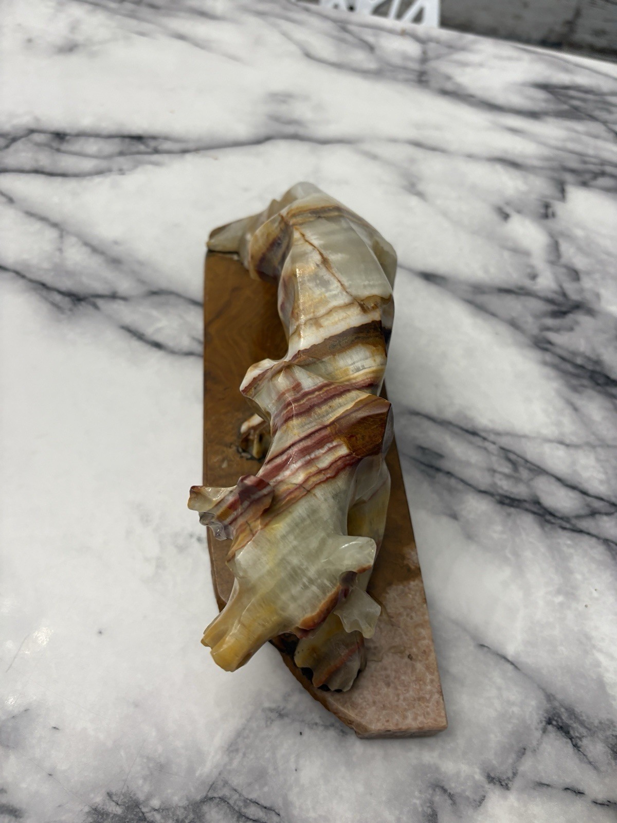 Vtg Hand Carved Onyx Tiger Large Rare Piece on 12" Marble Base HEAVY Alabaster