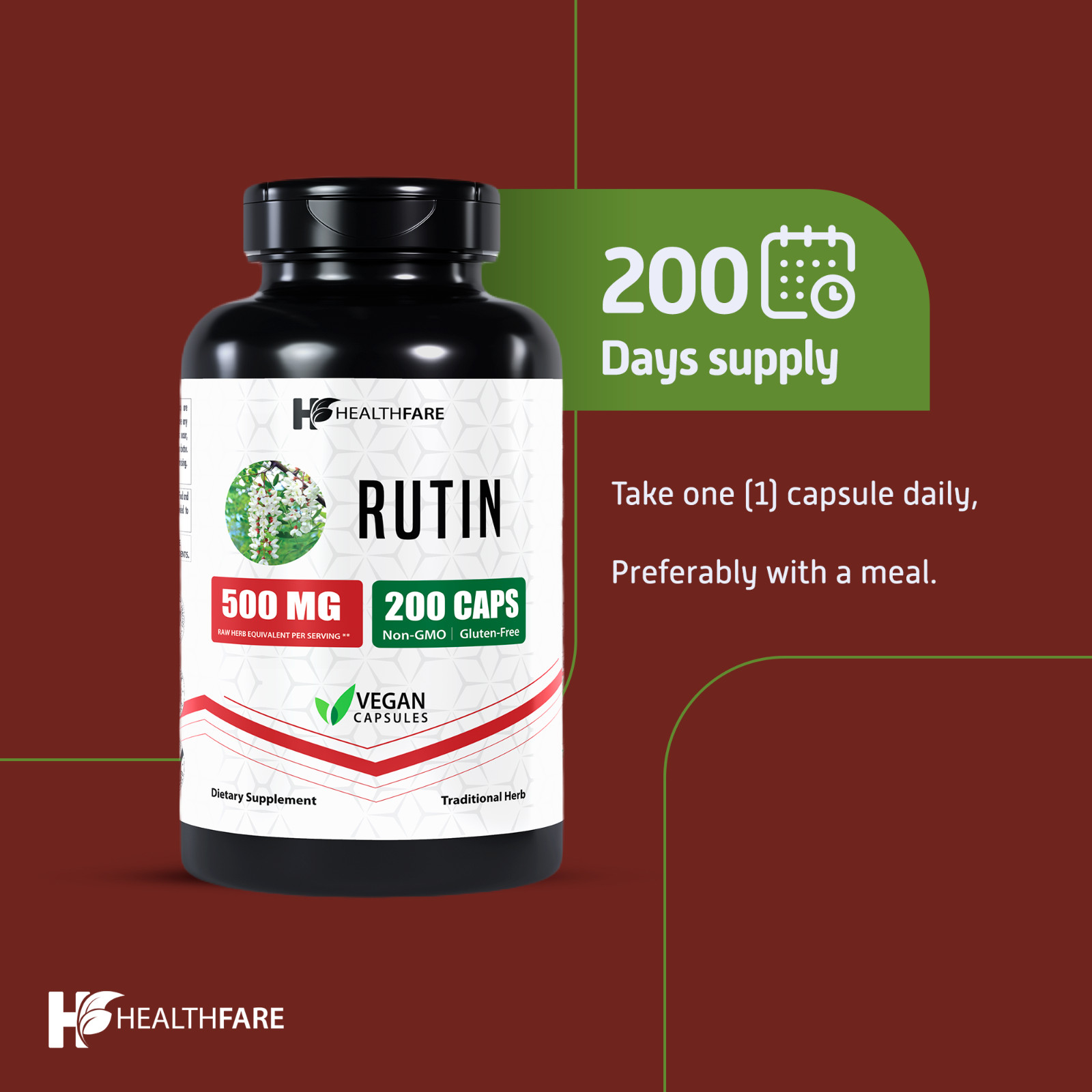 HealthFare Rutin 500mg Rutoside Bioflavonoid 200 Caps Vascular Health USA Made