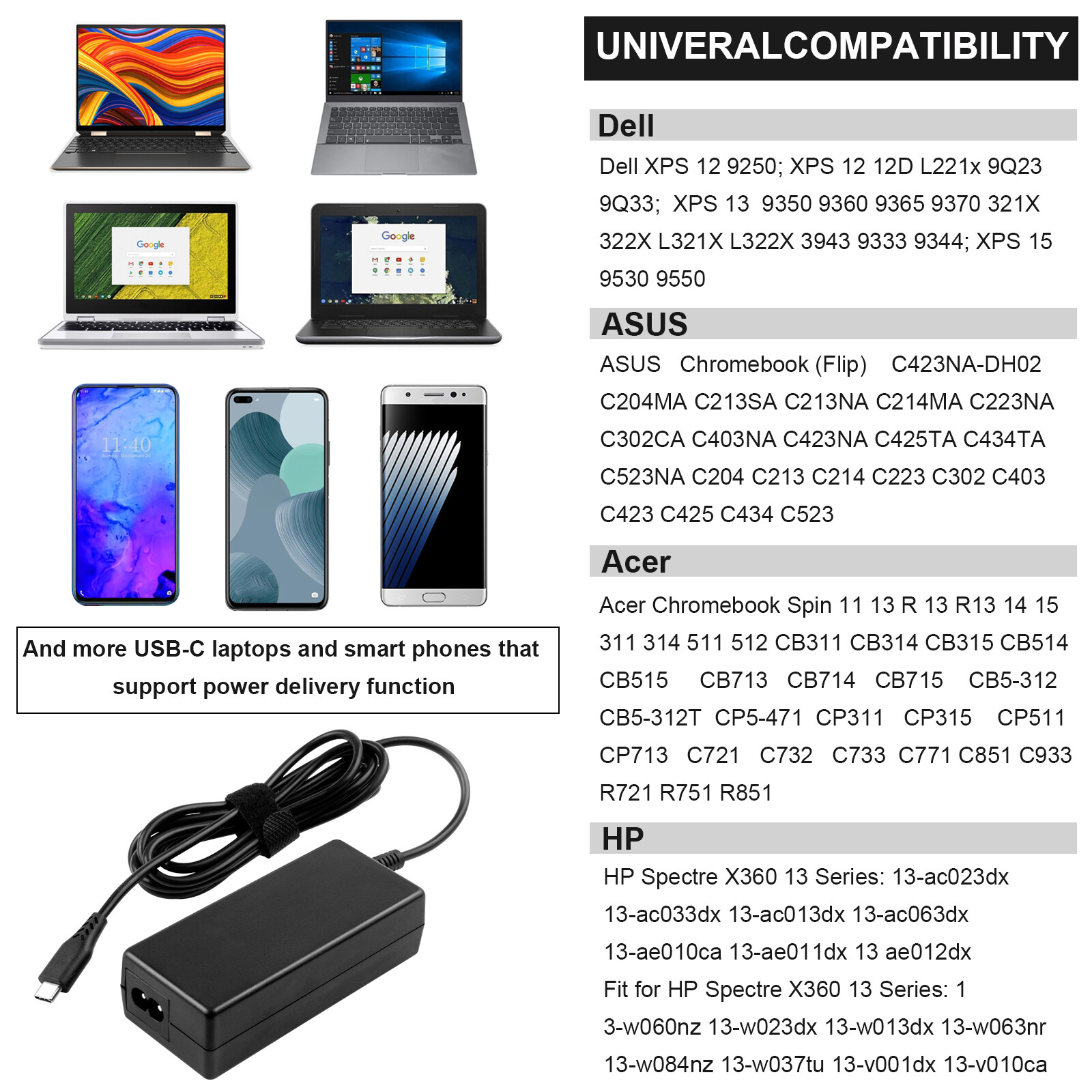 LOT OF 45W 65W 90W USB C Type C Adapter Charger For Lenovo HP Macbook Samsung