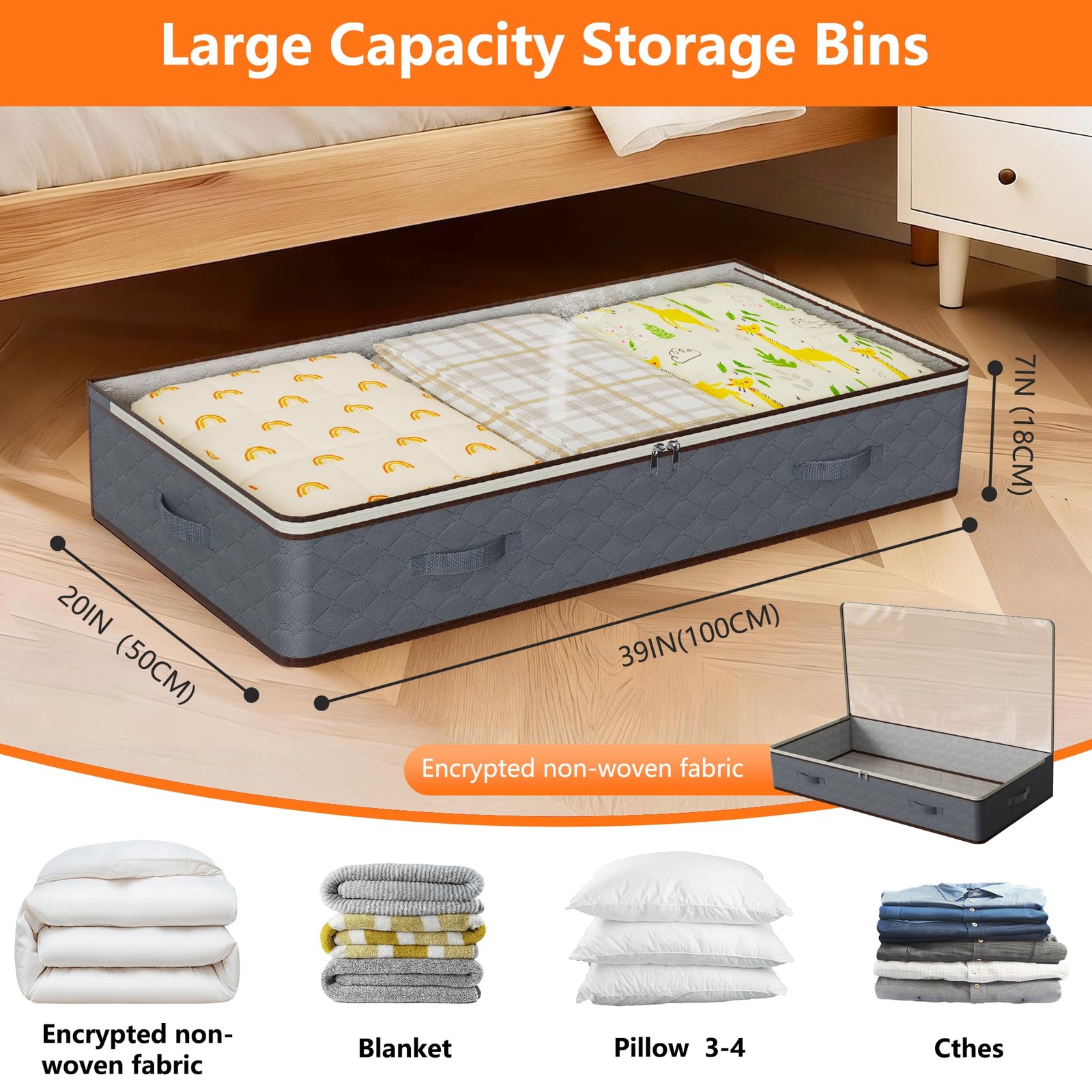 90L Under Bed Storage Bins 4-Pack Transparent Organizers with Lids Grey