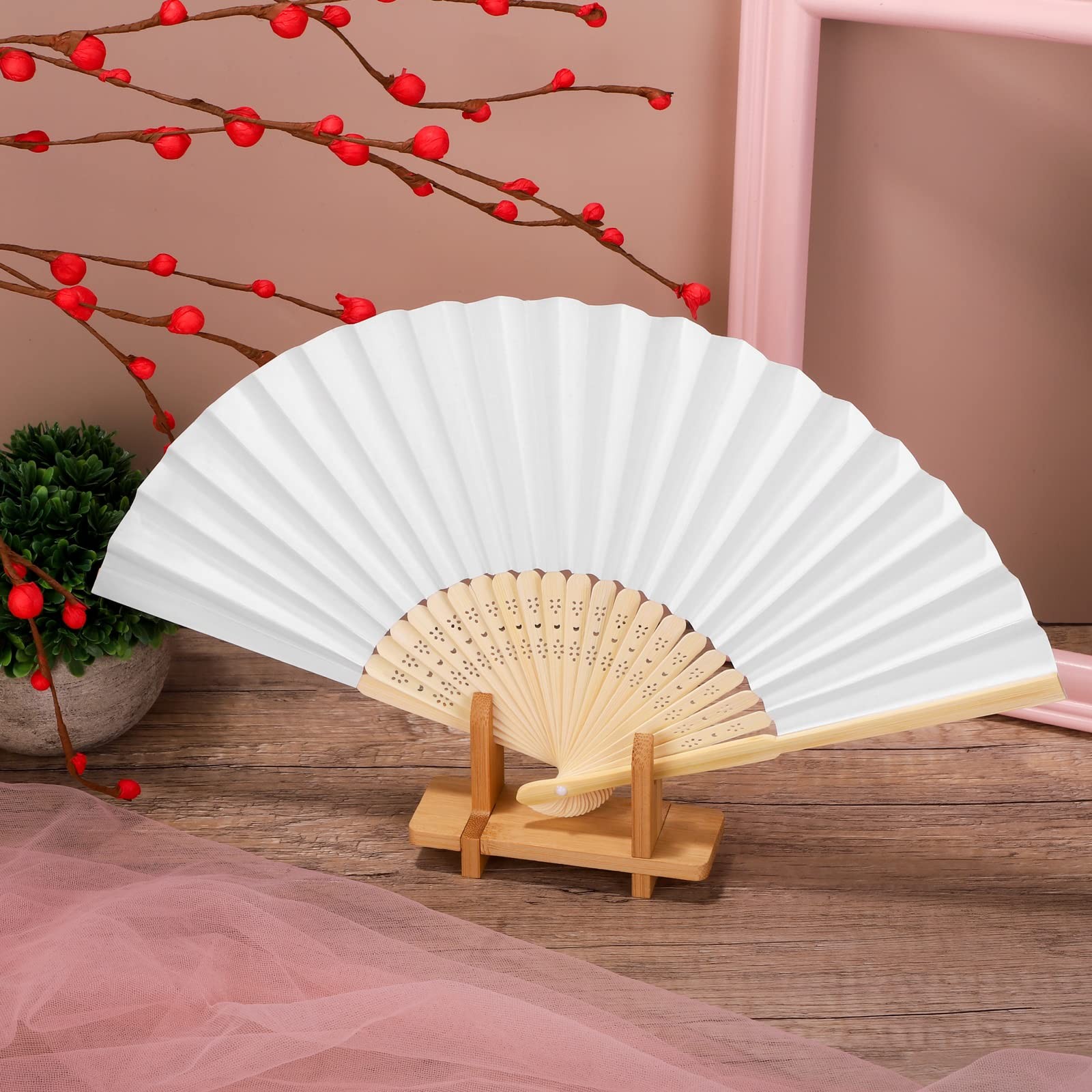 Aodaer 60 Pieces Paper Folding Fans Bamboo Handheld Folded White