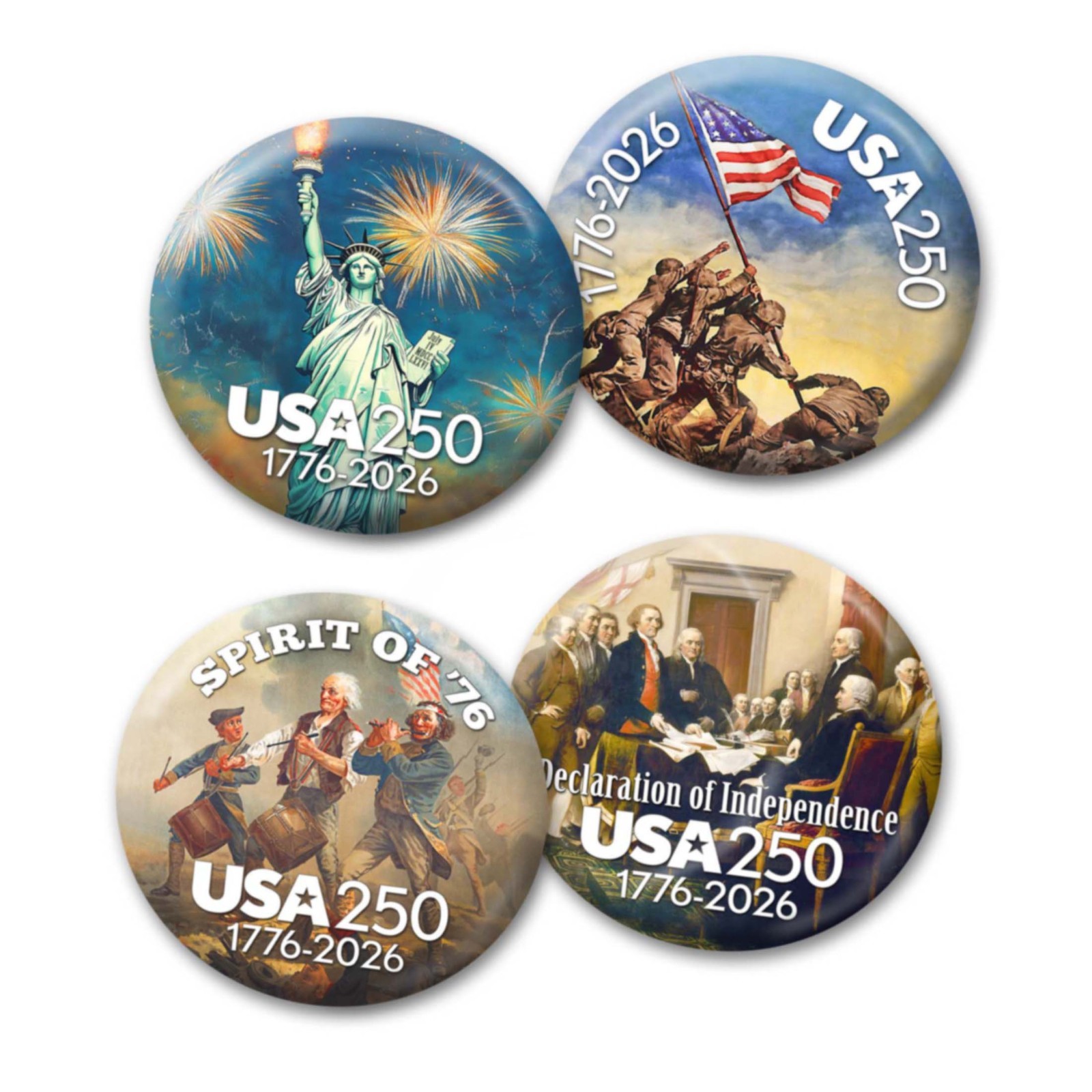 USA 250 - 25-pack Buttons - Revolution Assorted Designs 1776-2026 250th