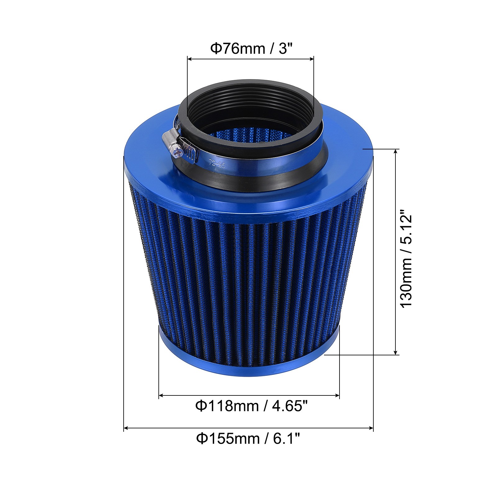 Clamp-On Dry Air Filter 3" (76mm) Cold Air Intake Cleaner Cone Replacement Blue
