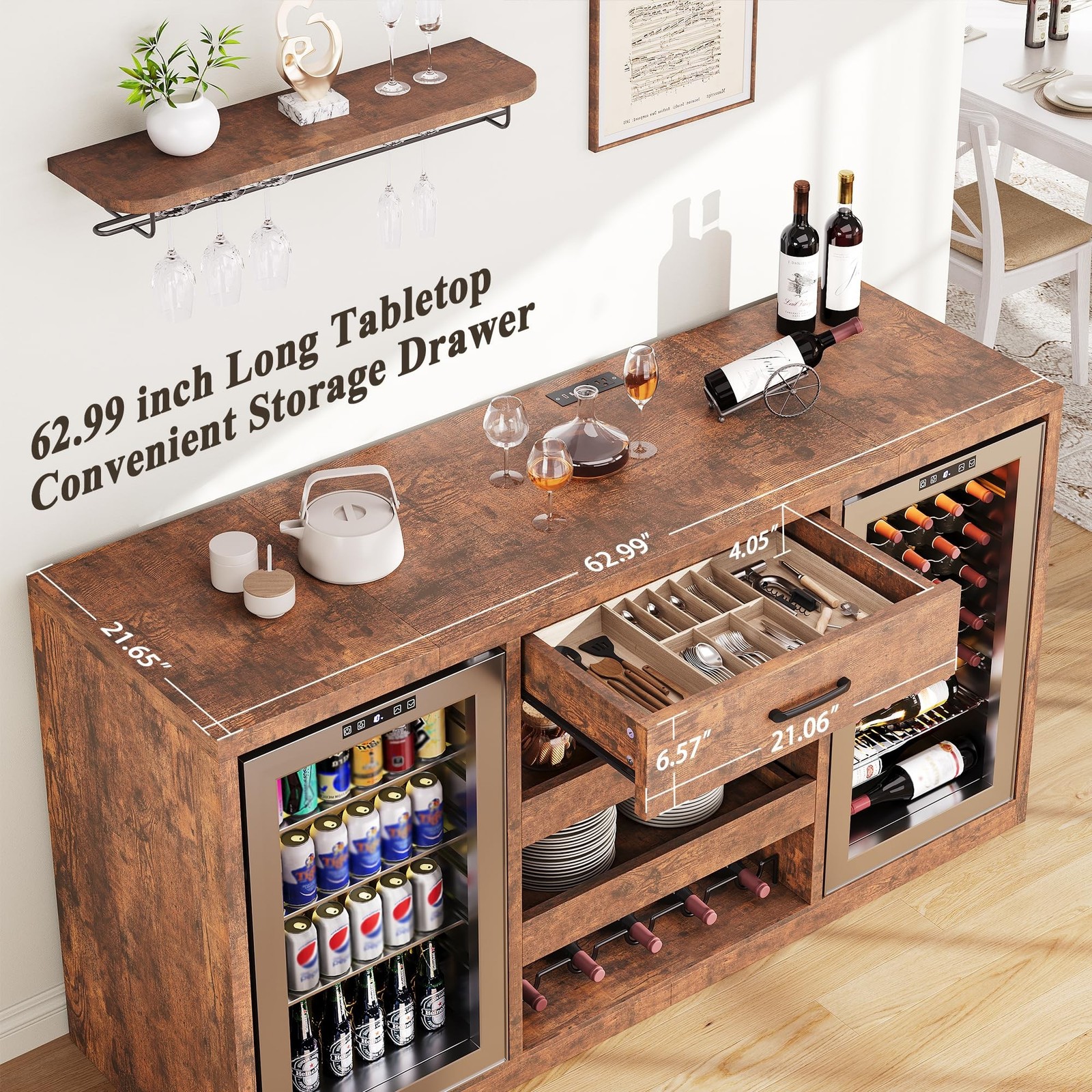 Large Coffee Bar Cabinet with Fridge Space, Mini Fridge Cabinet with Power Ou...