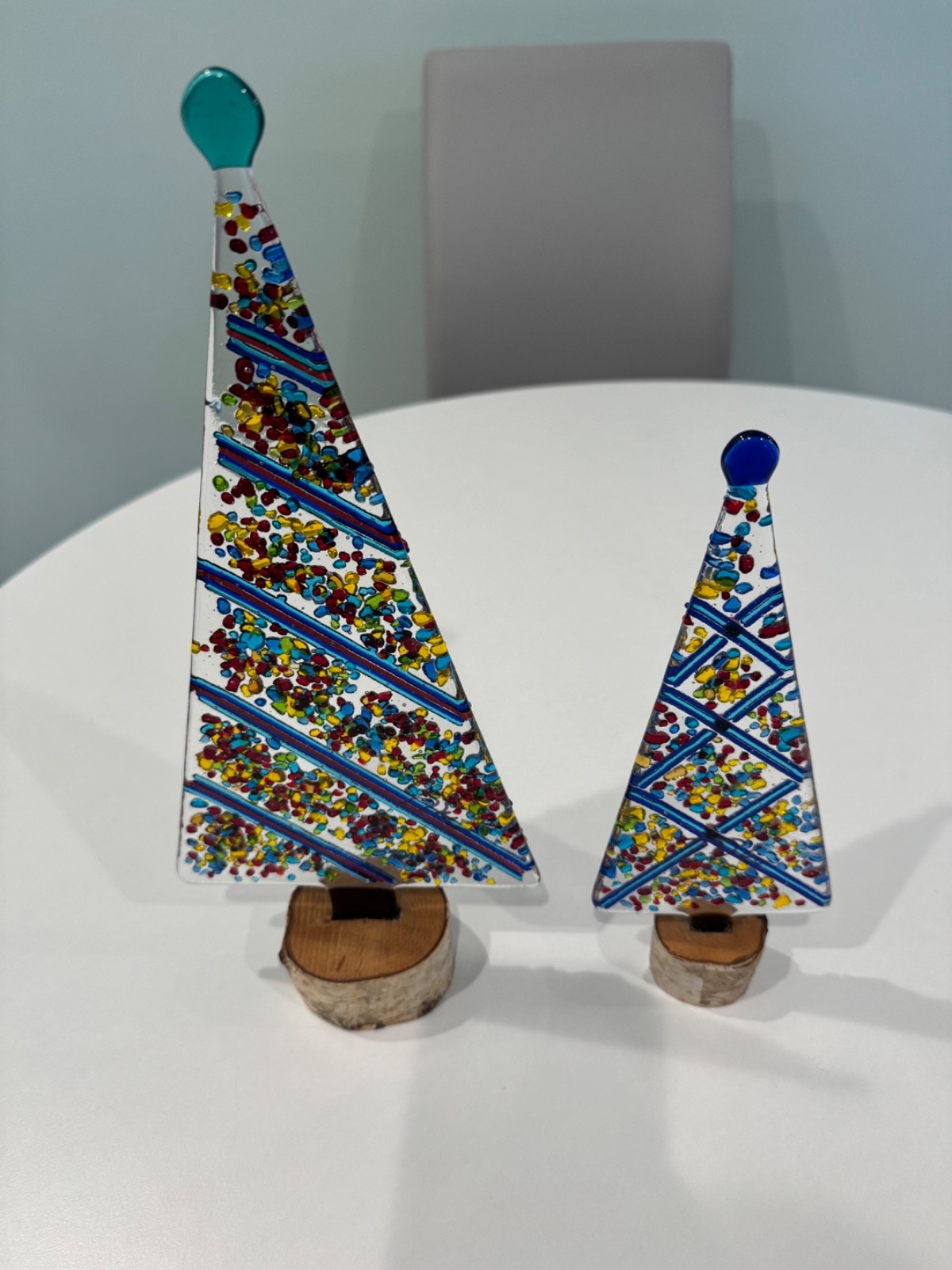 2 Handcrafted Fused Glass Christmas Ornaments, Colorful Trees