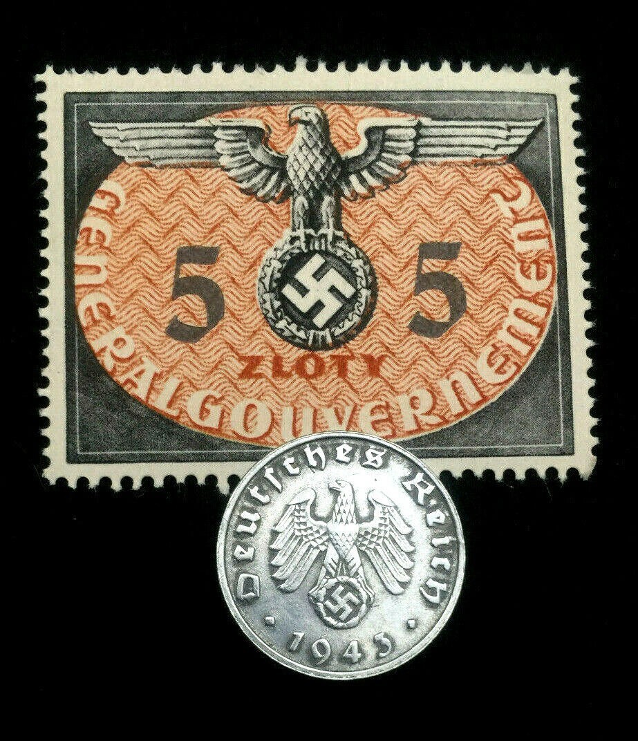 German WWII Rare 1 Rp Zinc Coin (1940-1945) & 5 Zloty Stamp MNH Historical Set