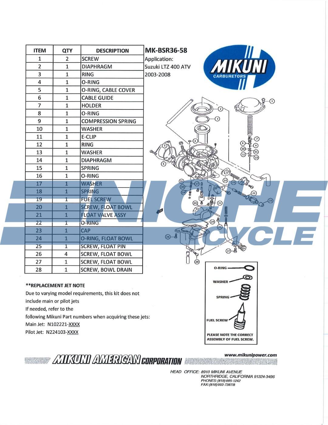 Genuine Mikuni OEM Carburetor Rebuild Kit for Suzuki LTZ 400 MK-BSR36-58
