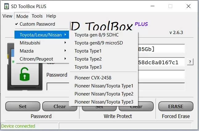 SD card toolbox PLUS. Read CID/CSD, set / remove password & write protection.