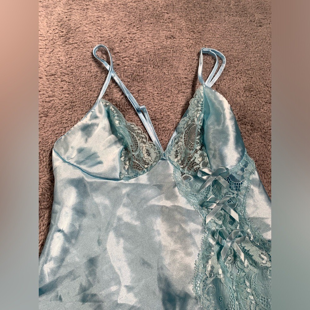 Frederick's of Hollywood Light Blue Satin Nightgown lace XS