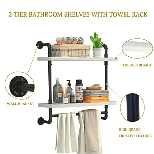 Helsin 24in Industrial Pipe Shelving, 2 Tier Rustic Wood Floating Bathroom