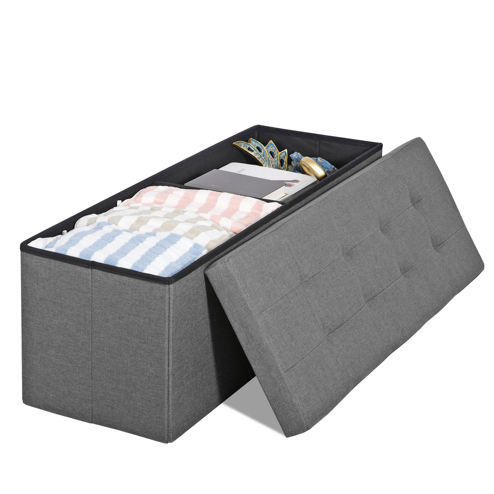 43" Folding Fabric Ottoman Storage Bench Toy Chest Box Footrest Stool Light Grey