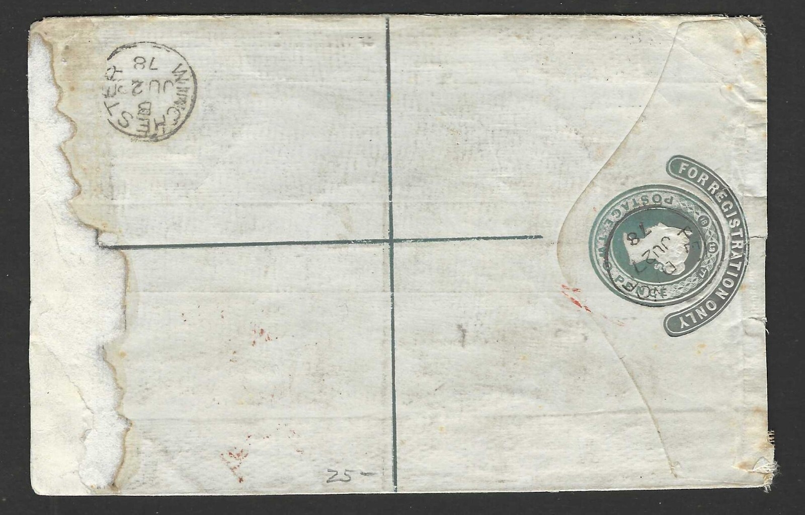 UK GB 1878 TYING ONE PENNY RED ON PREPAID REGISTERED TWO CENTS POSTAL COVER