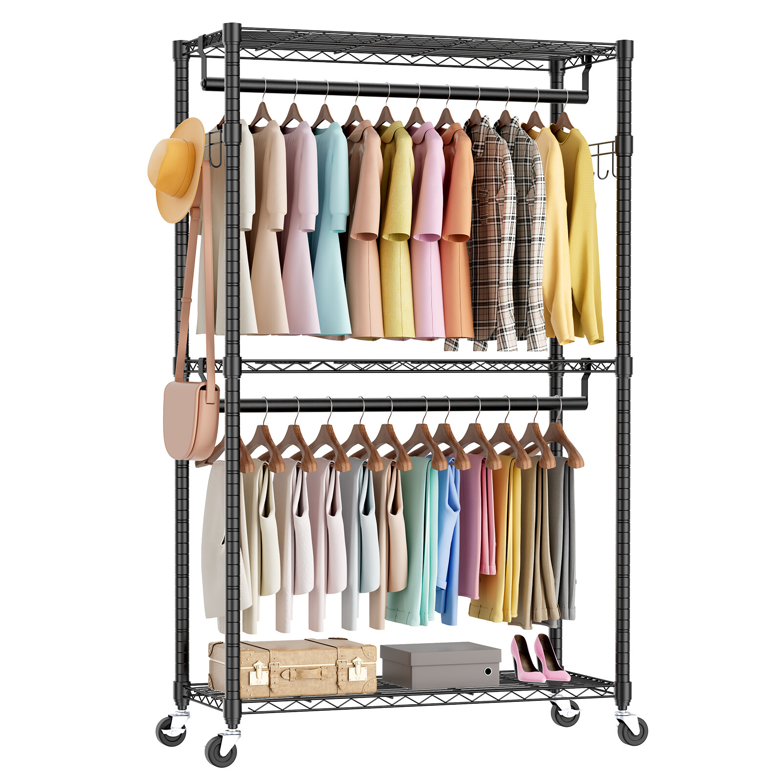 Big Tall Rolling Garment Rack Heavy Duty Double Rails Clothes Rack W/ Wheels