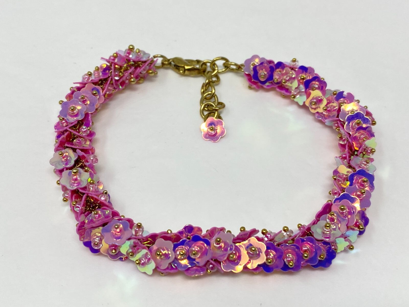Handmade Pink Purple Iridescent Flower Sequin Bead Bracelet