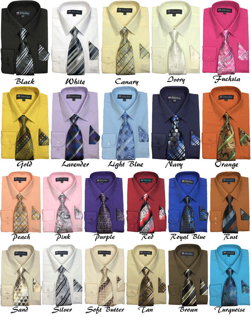Men's Cotton Blend Dress Shirt with Tie and Handkerchief 22 different colors 21B