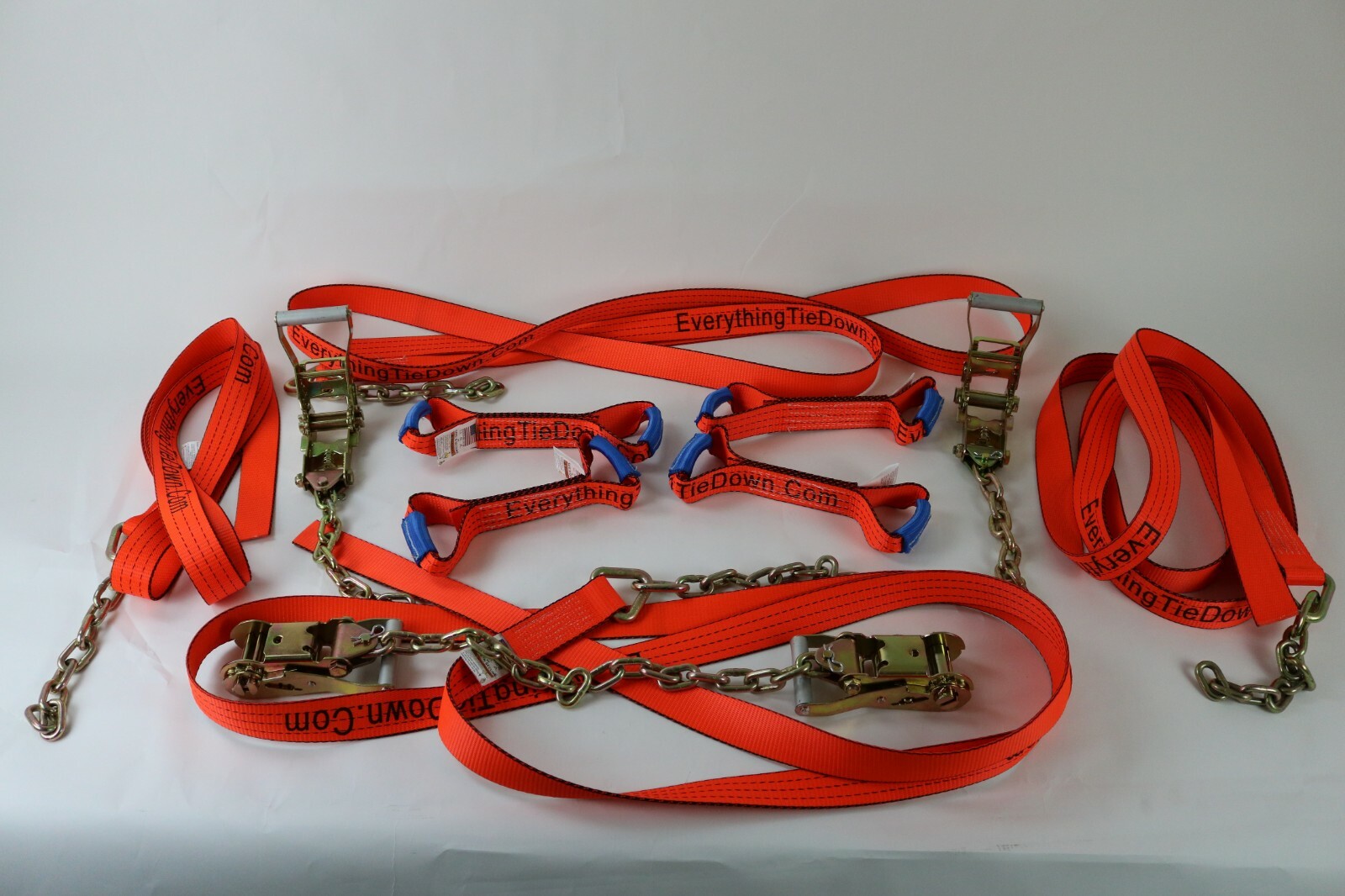 8 pt Kit 18' Orange TECNIC Webbing Rollback / Flatbed Car TieDown w/ Chain Tails