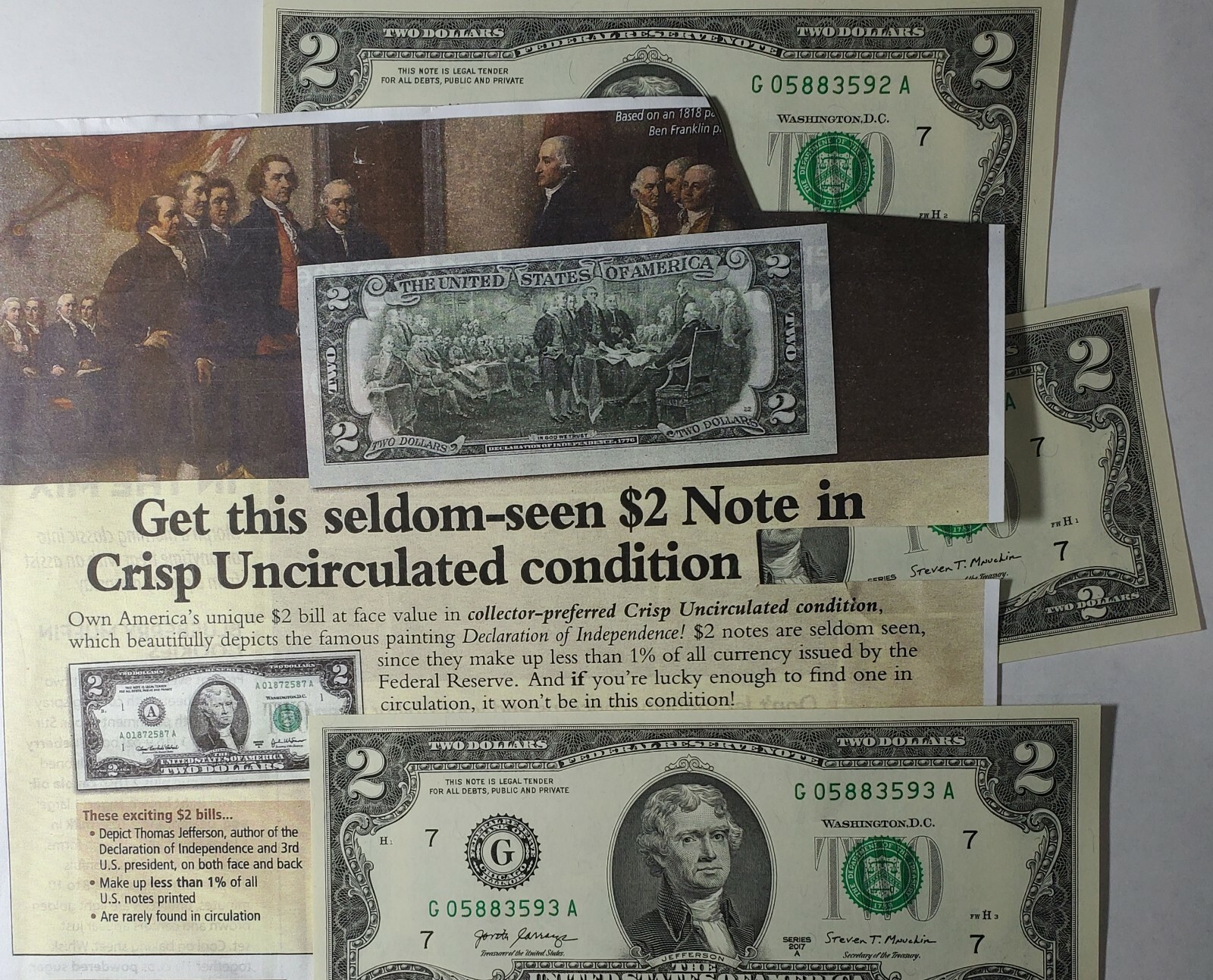 ✯WOW * NEW Uncirculated Two Dollar Bill Crisp $2 Notes 2017A