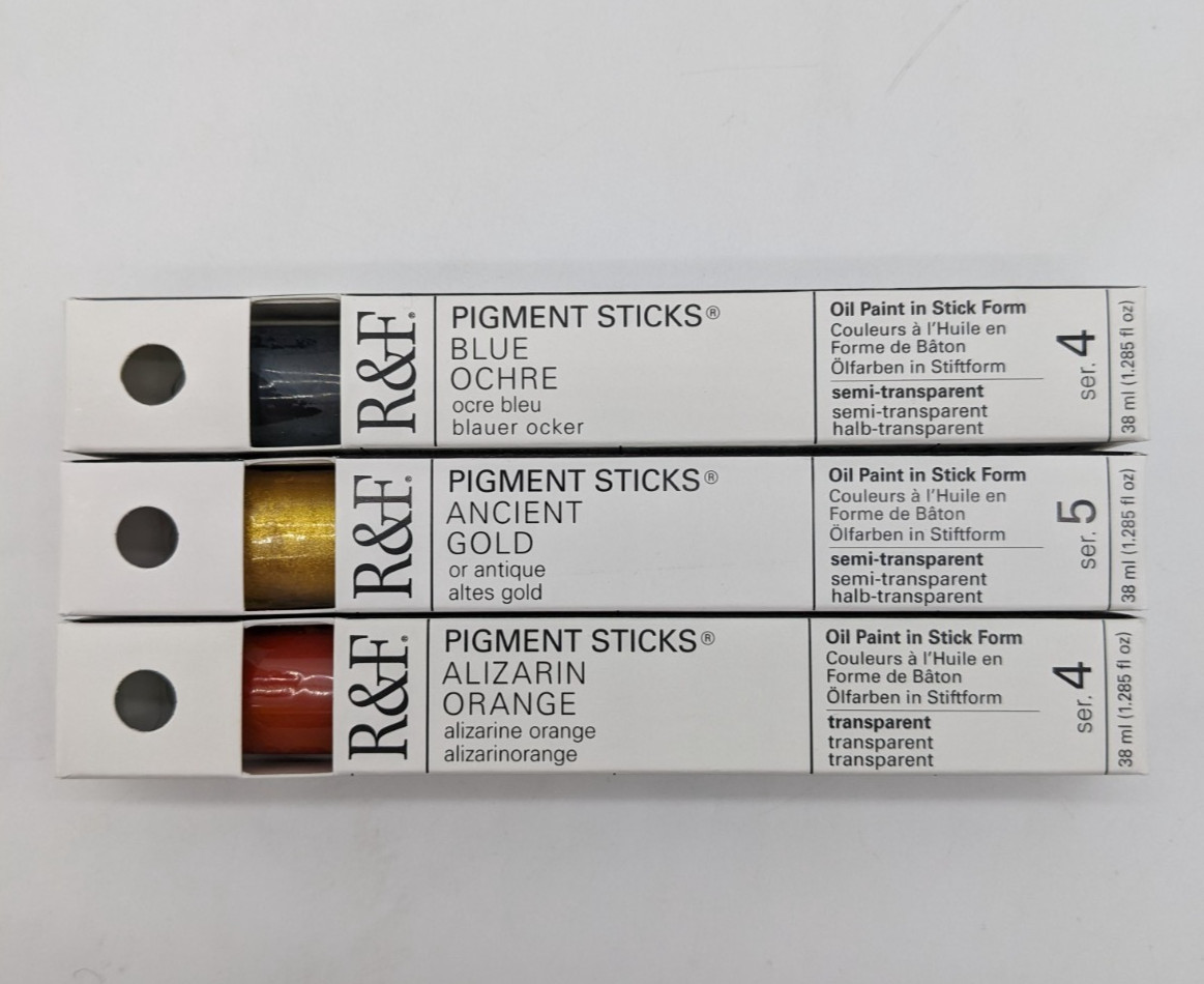 R&F 3-38ml Pigment sticks Blue Ochre, Ancient Gold, Alizarin Orange