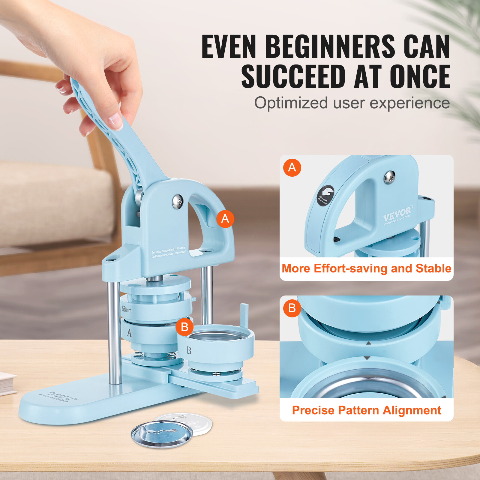 VEVOR Button Maker Machine Pin Badge Maker 1/1.25/2.28 inch 3-in-1 Blue for DIY