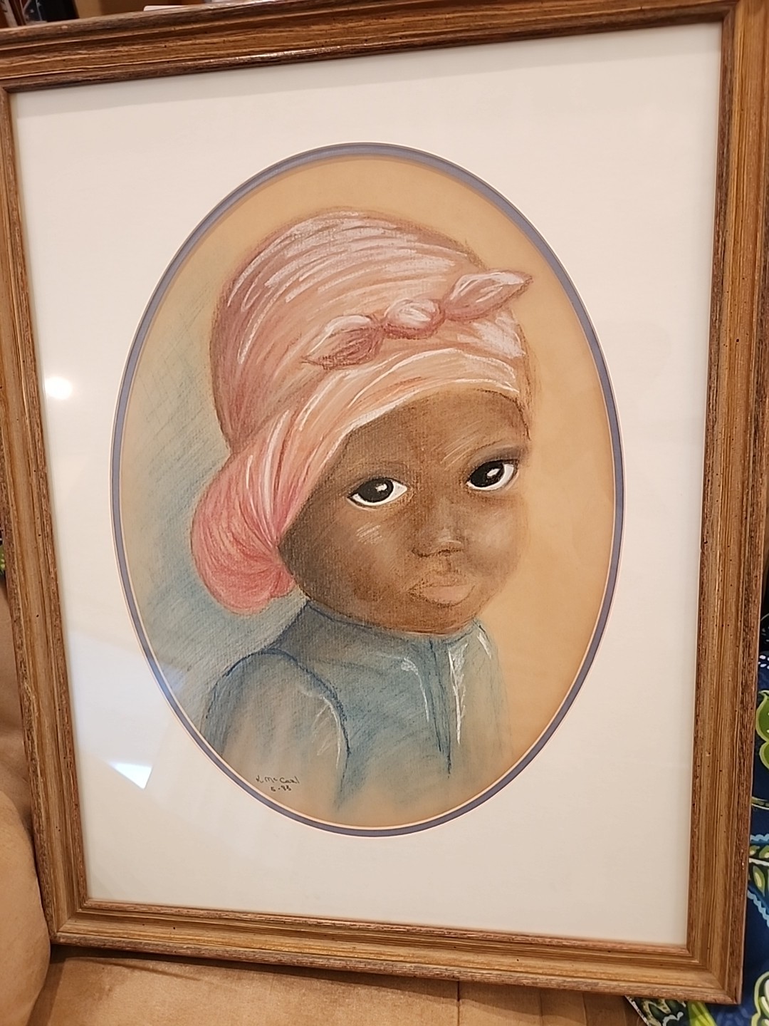 Young African American Girl Original Drawing Date 1983 Double Matted Under Glass