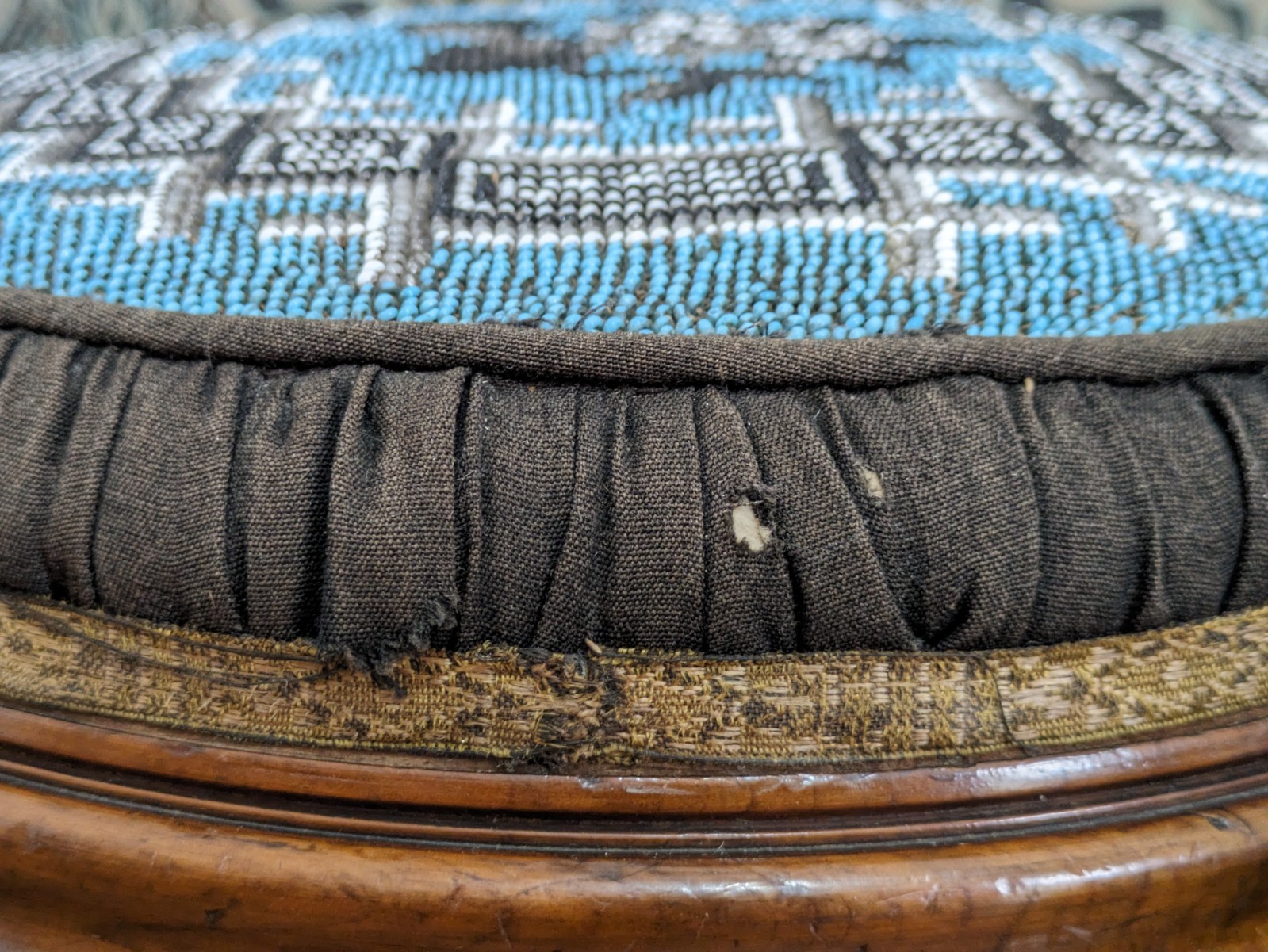 Victorian 19th Century Pair Walnut Turquoise Beadwork Bunfeet Footstools Antique