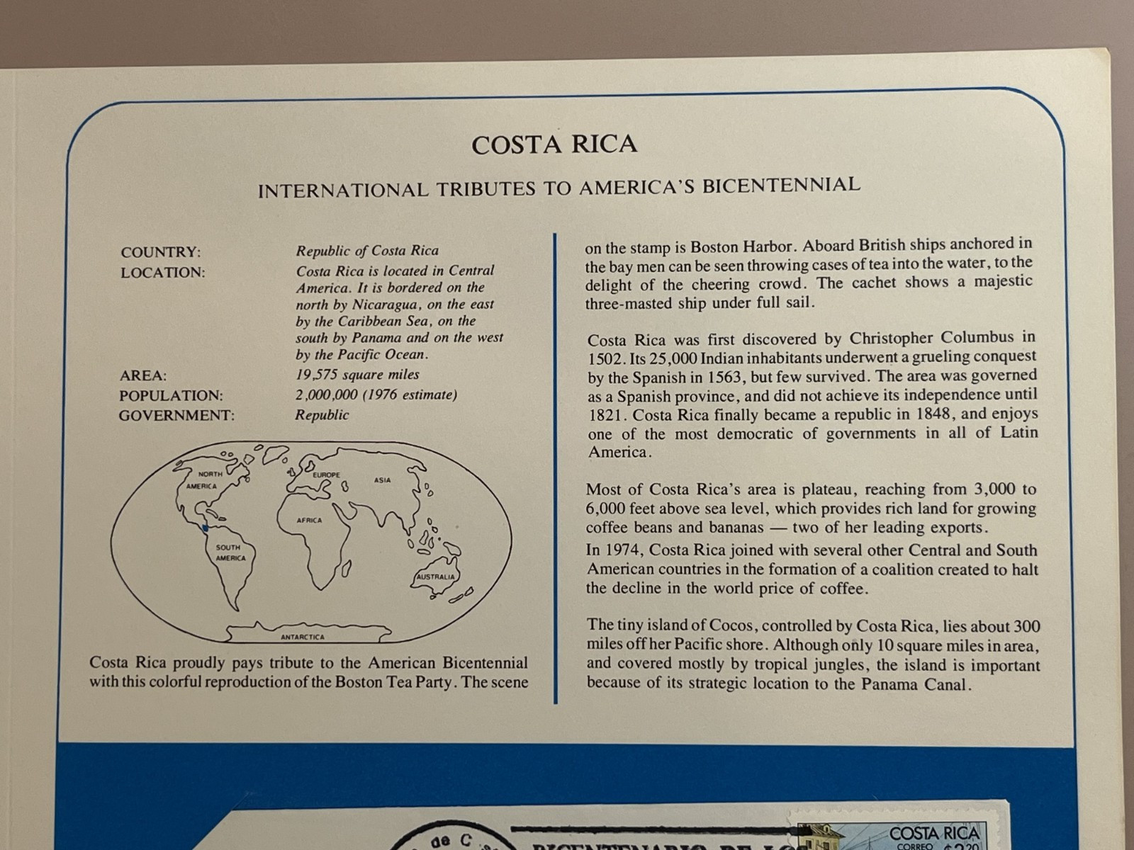 1976 International Tributes to America's Bicentennial History Costa Rica Cover