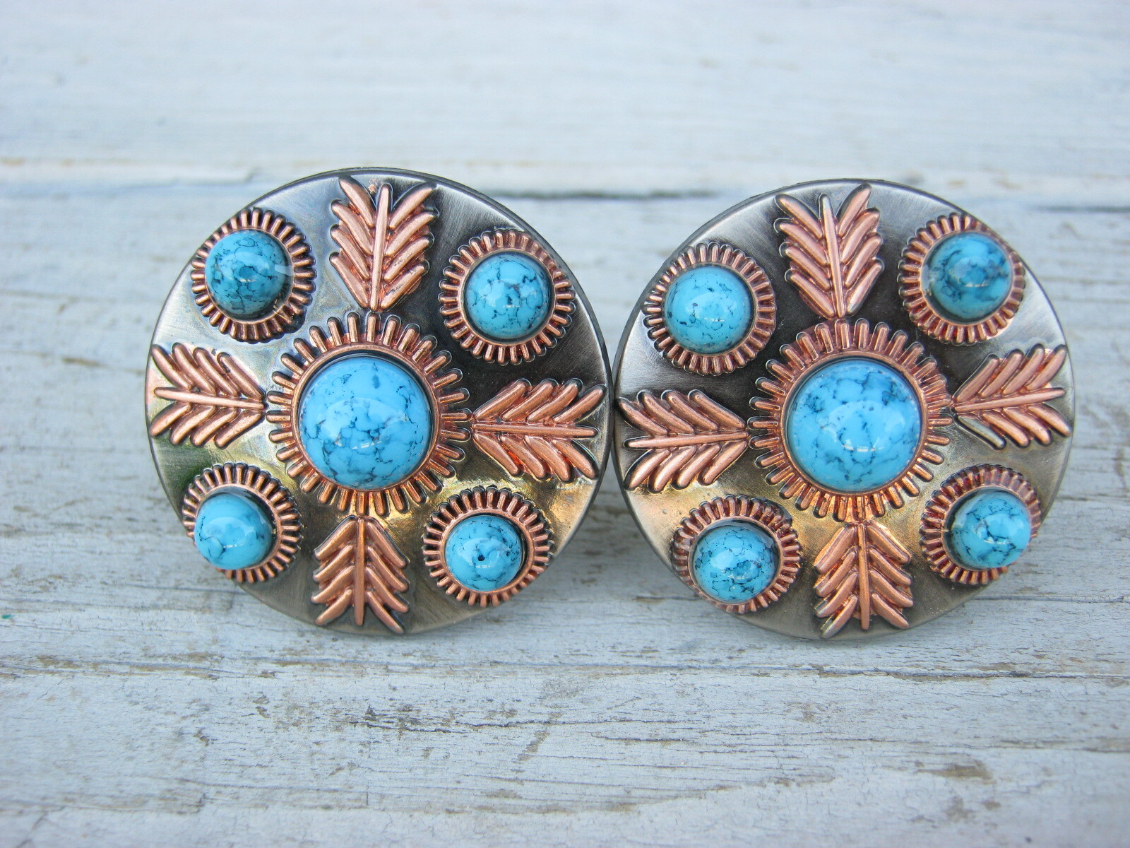 Feathered Turquoise Concho Screw Back Copper Feathers 1" 1-1/2" Set of 2