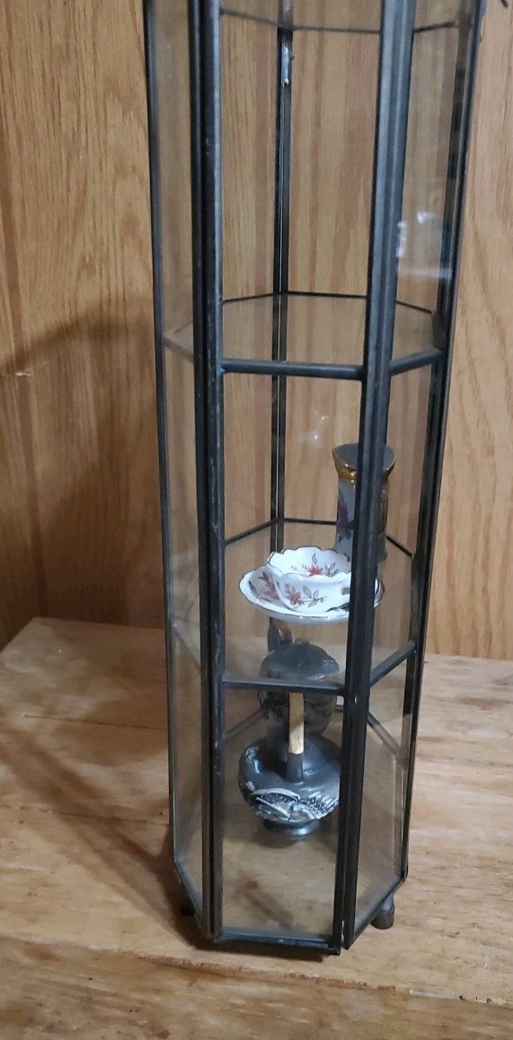 Vtg Brass Glass Hexagonal Curio Display Cabinet Showcase 2 Shelves Door