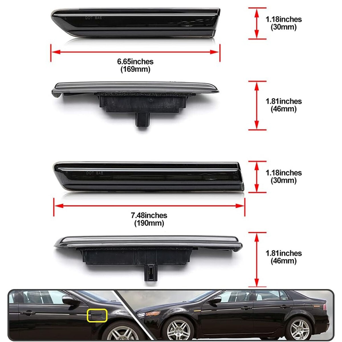 4PCS For 2004-2008 Acura TL Smoked Lens LED Front Rear Fender Side Marker Lights