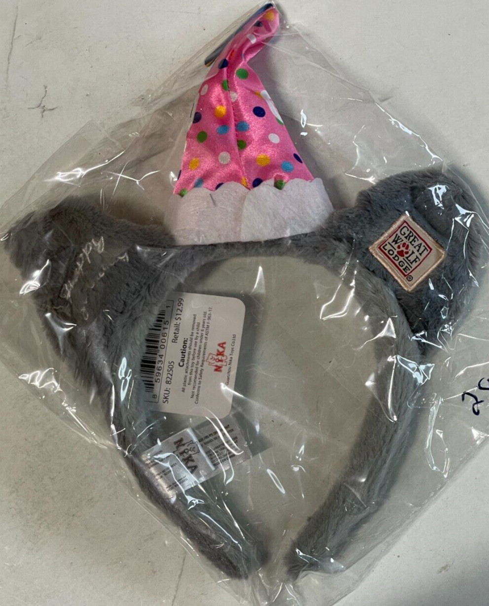 NEW Great Wolf Lodge PINK Headband Birthday Party Hat Plush Gray Fur Ears