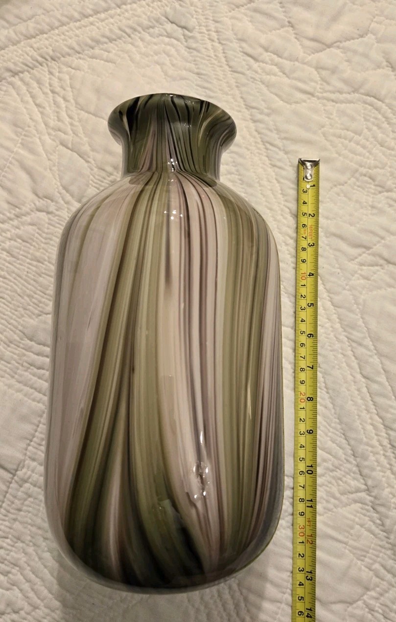 Vintage Heavy Murano Glass Vase Stripes Swirls 12" Hand Blown Green Purple 60s ?
