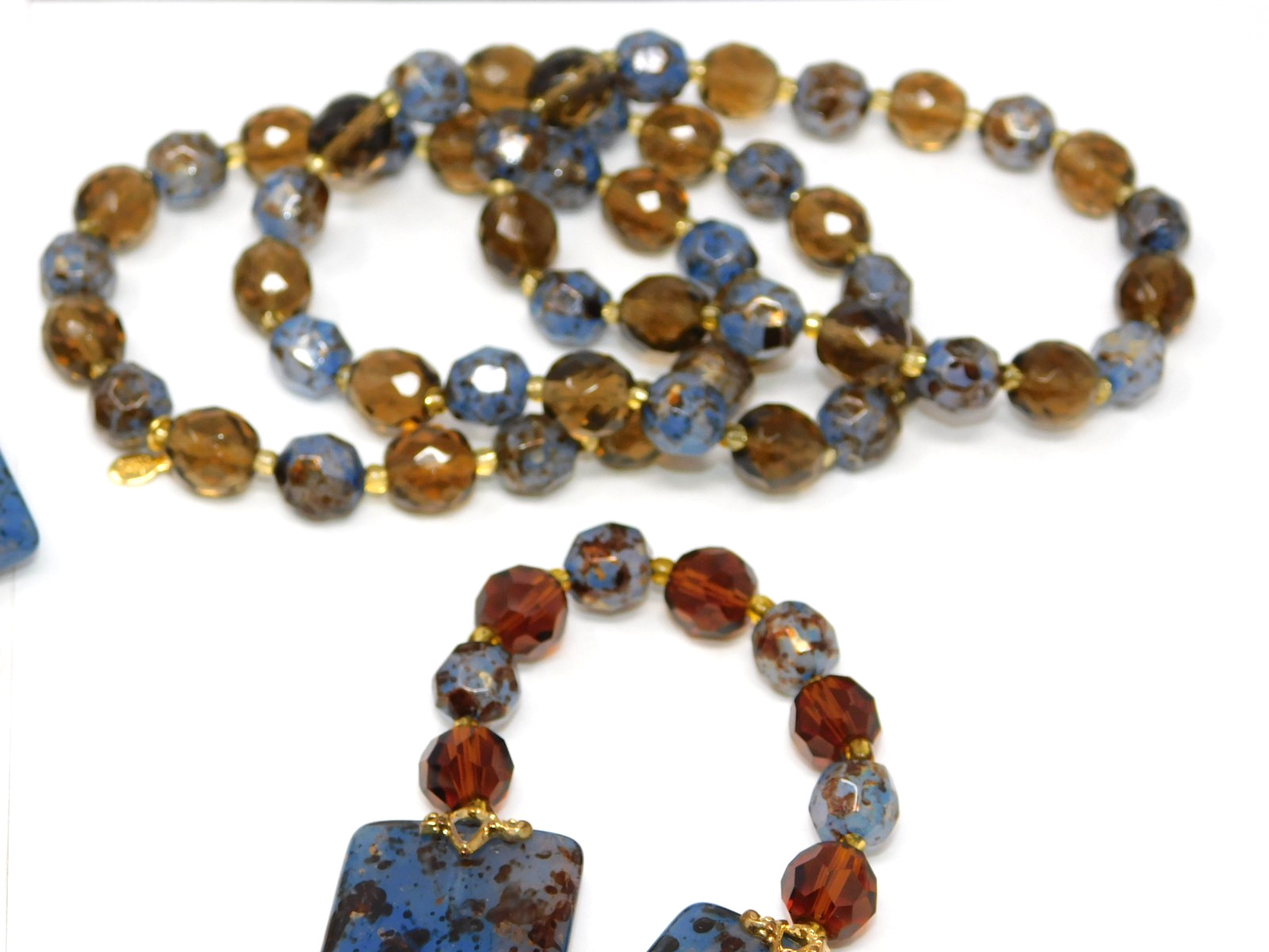 Vintage JOAN RIVERS Faux Lapis & Amber Glass Necklace Bracelet Earrings Set