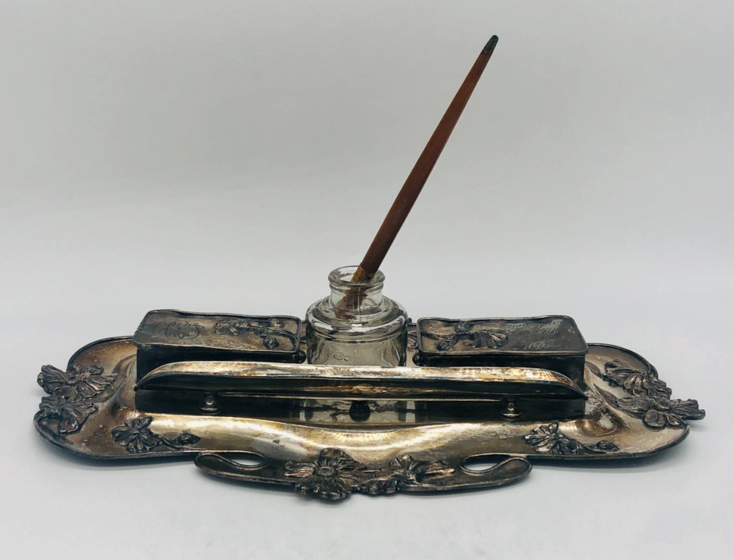 Antique 1905 Derby Silver Co. Art Nouveau Inkwell Set - Engraved #1778 - USA