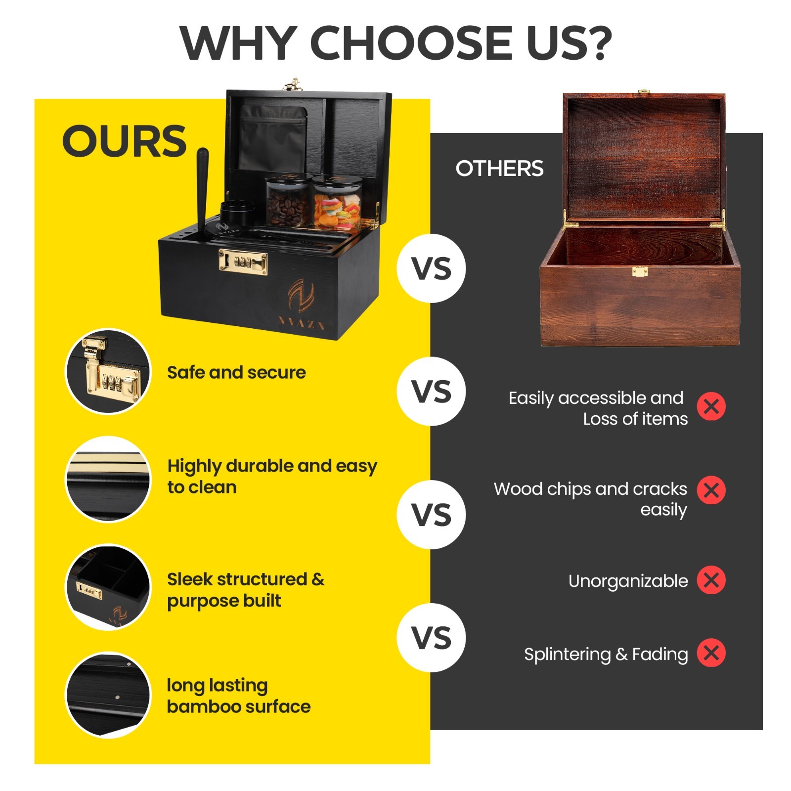 Stash Box Large - Smell Proof Bamboo Box with Rolling Tray - Storage Wood Box