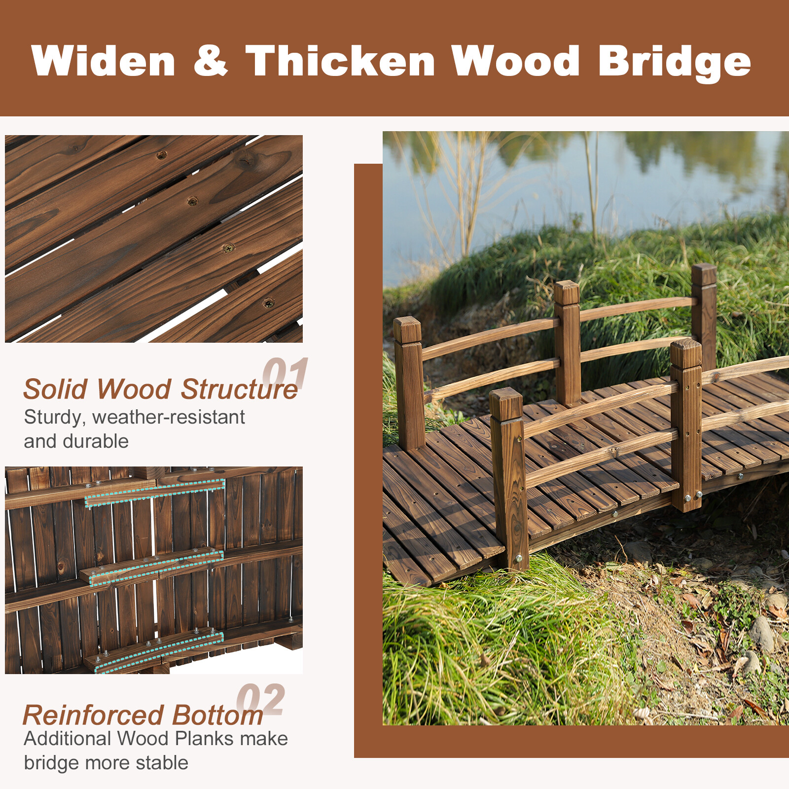 5FT Wooden Garden Bridge Decorative Pond Landscaping Bridge with Double Railings