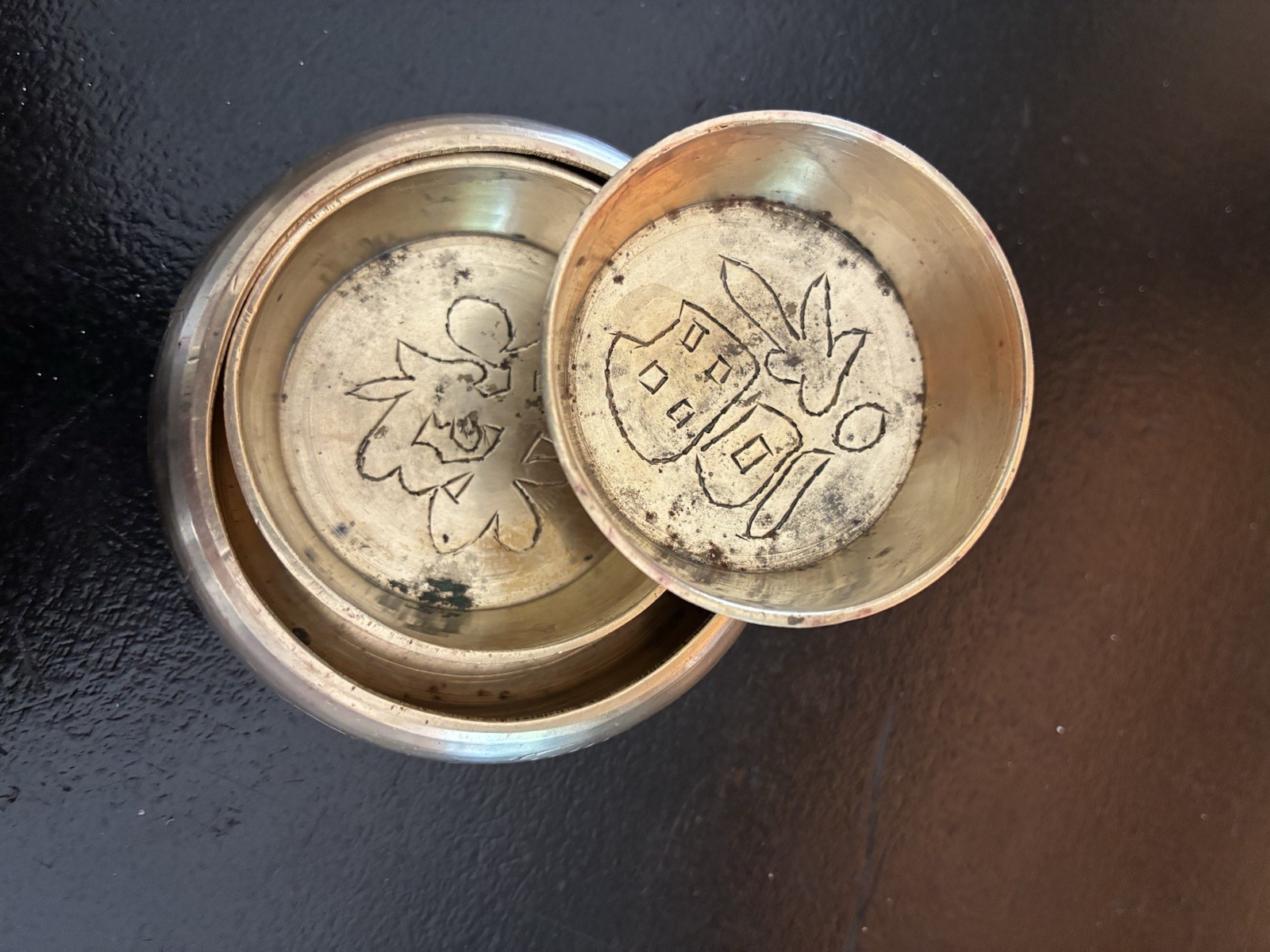 3 Vintage Chinese Bronze Mini Nesting Dishes / Detailed Dragon Etched Motif
