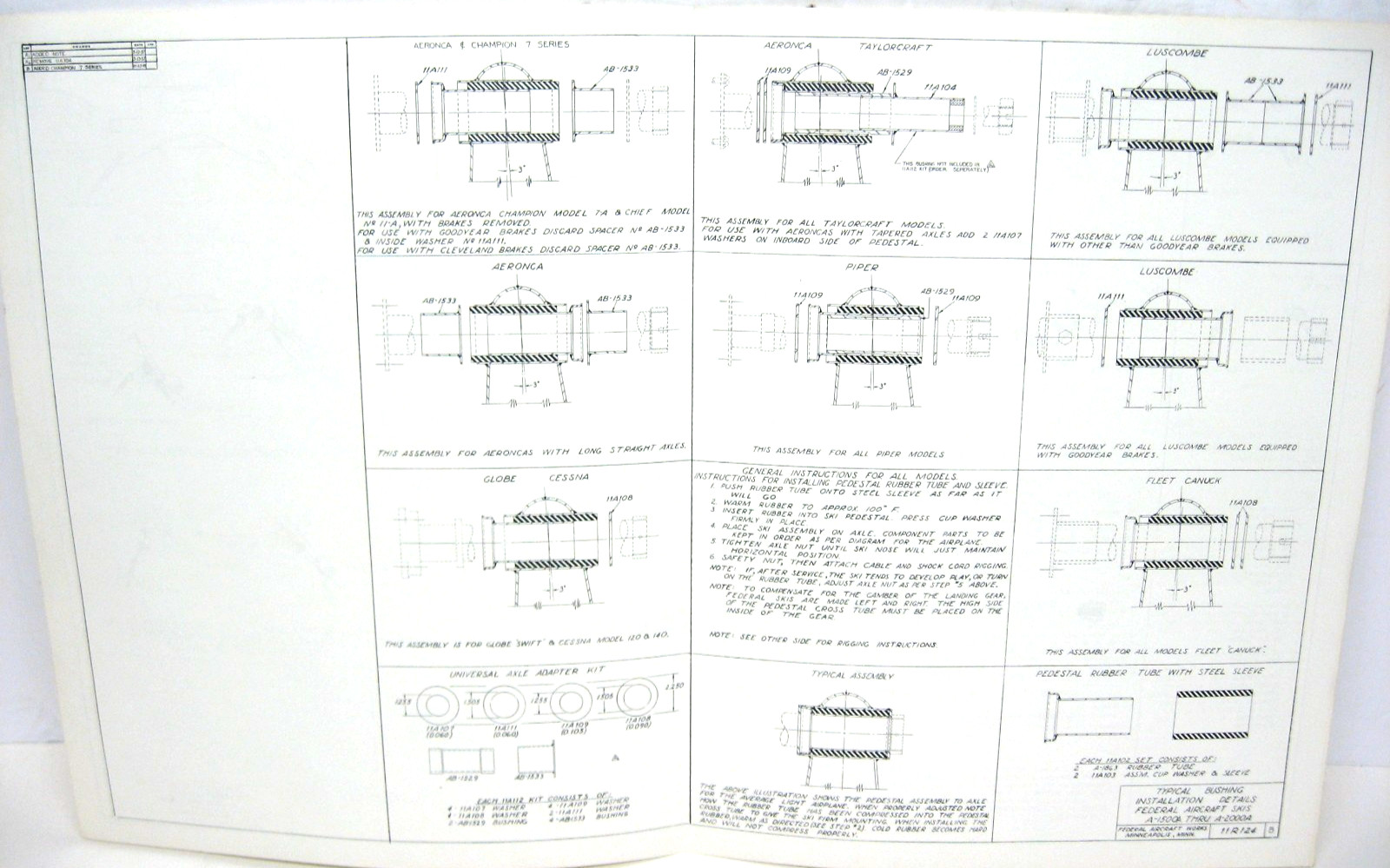 1959 Federal Aircraft Ski Installtn Instrctns 11R125-Cessna Luscombe Piper, plus