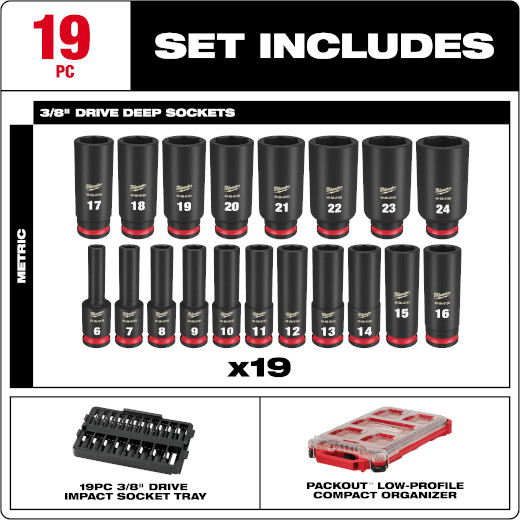 Milwaukee 49-66-6801 19PC SHOCKWAVE Impact Duty Socket 3/8” Drive MM Set