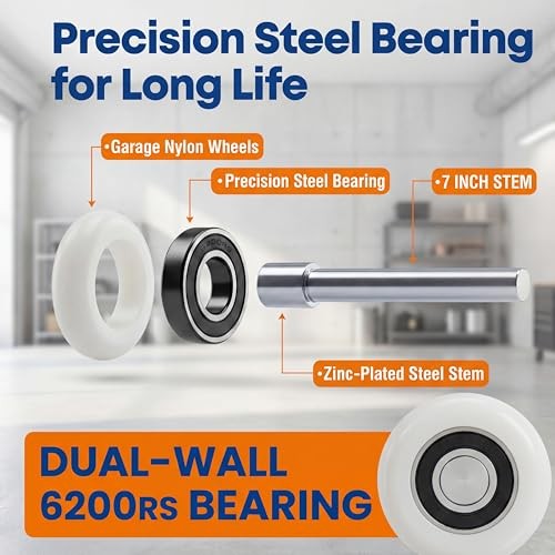 Set Spark 10-Pack 7" Stem 2" Nylon Garage Door Rollers, Ultra Quiet & Durable