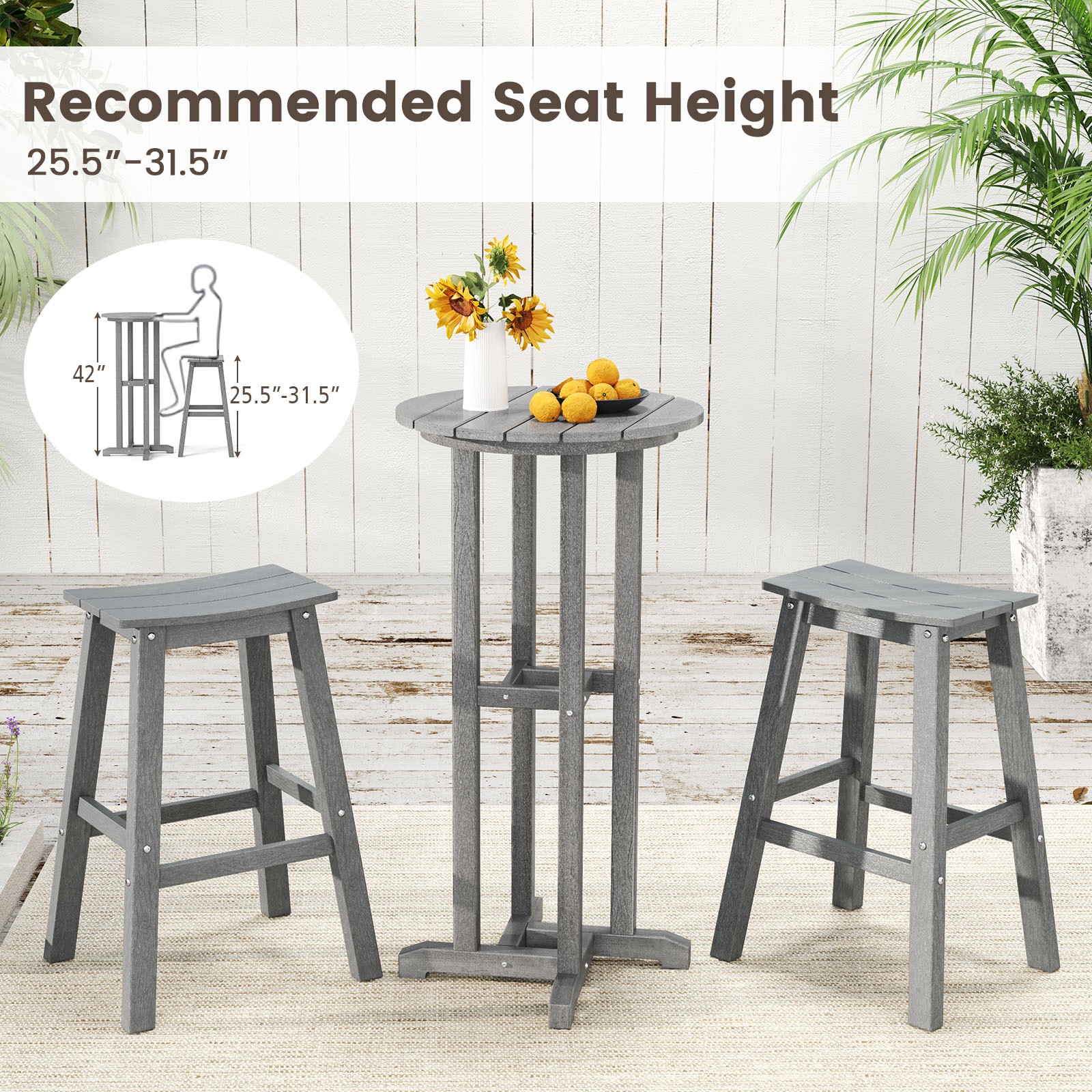 21.5" Round Bar Table Patio HDPE Bar Height Dining Table w/ Slatted Tabletop