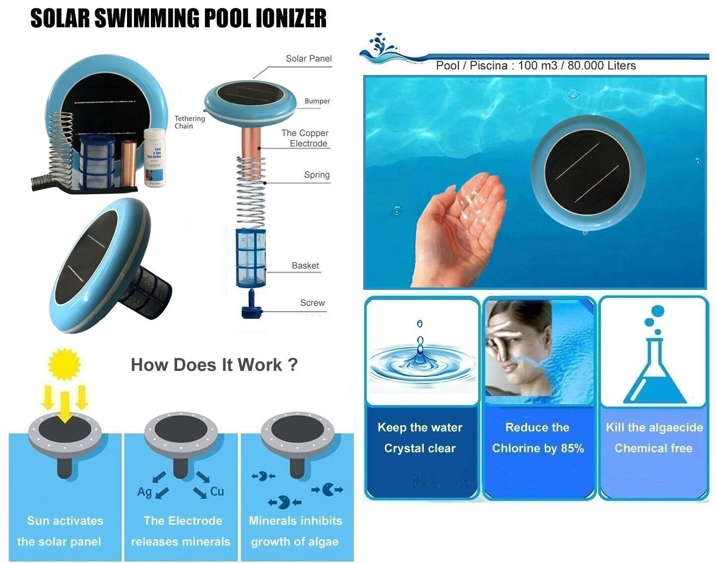 Solar powered Pool Ionizer Kills Algae Reduces Chlorine,Covers up to 35,000 gal