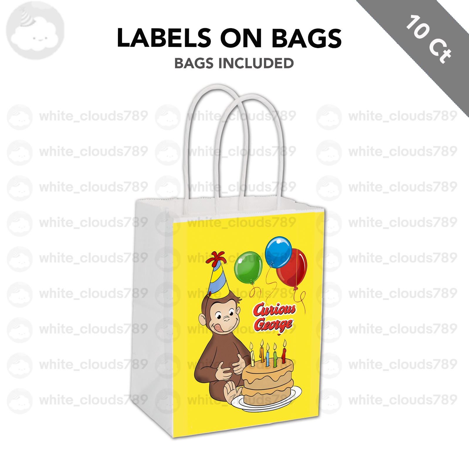 10 Curious George Label on White Kraft Gift Bag Birthday Party Favor 5.5 x 8